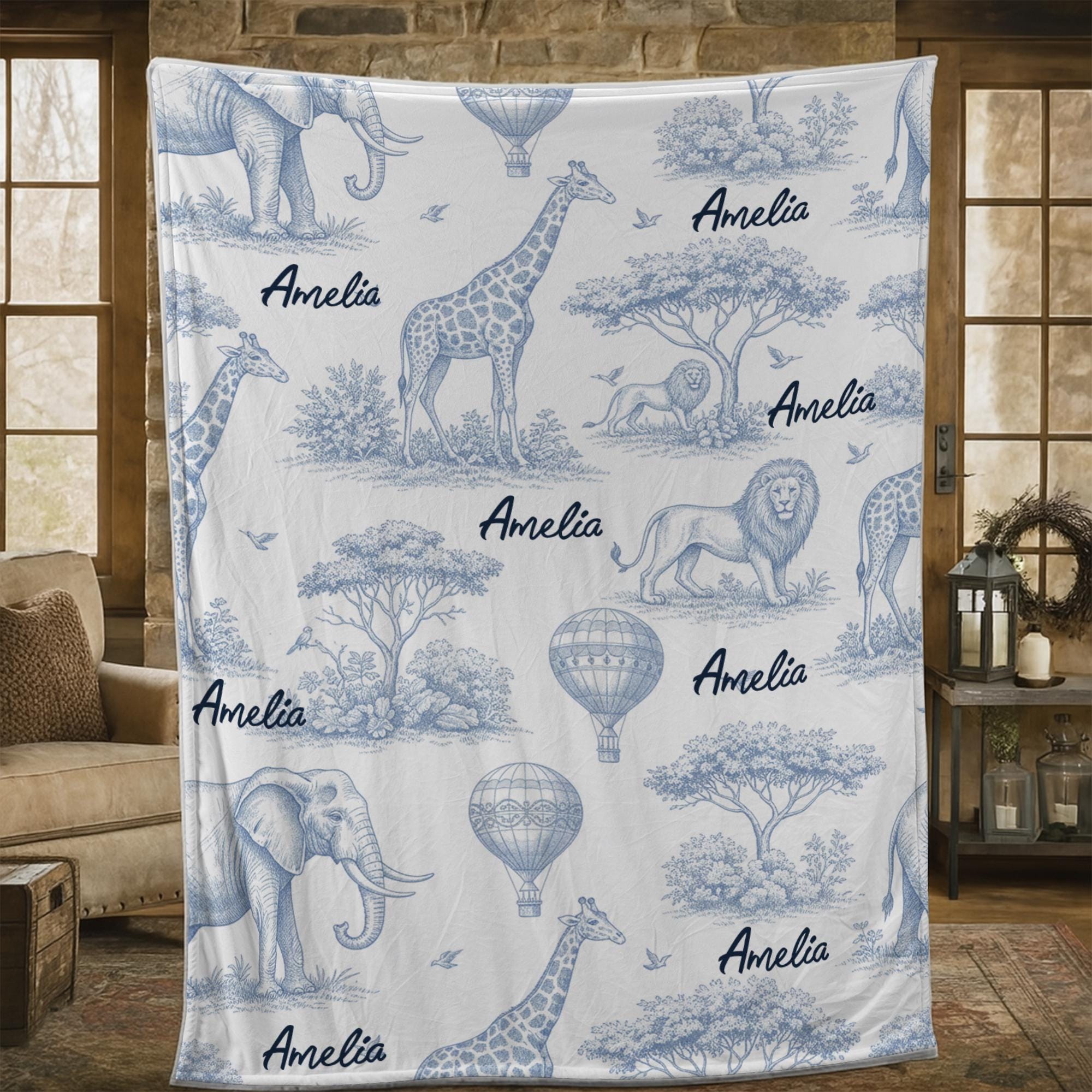 Personalized Toile de Jouy Safari Fleece Blanket: Custom Animal Throw
