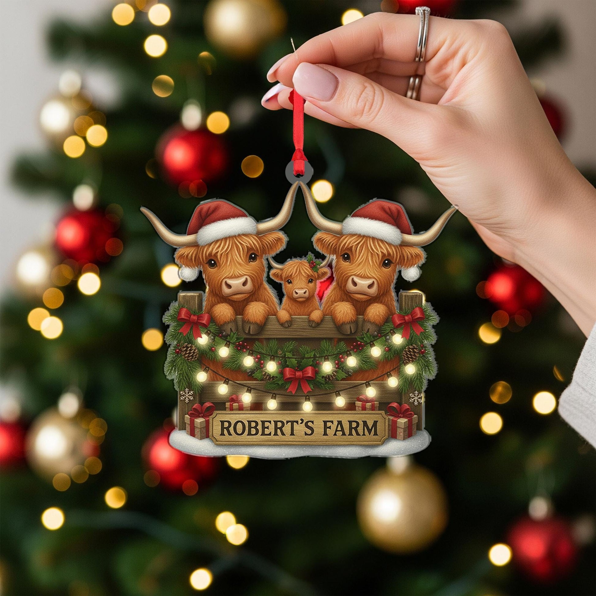 Personalized Farm Ornament: Highland Cow Family Christmas Tree Decoration