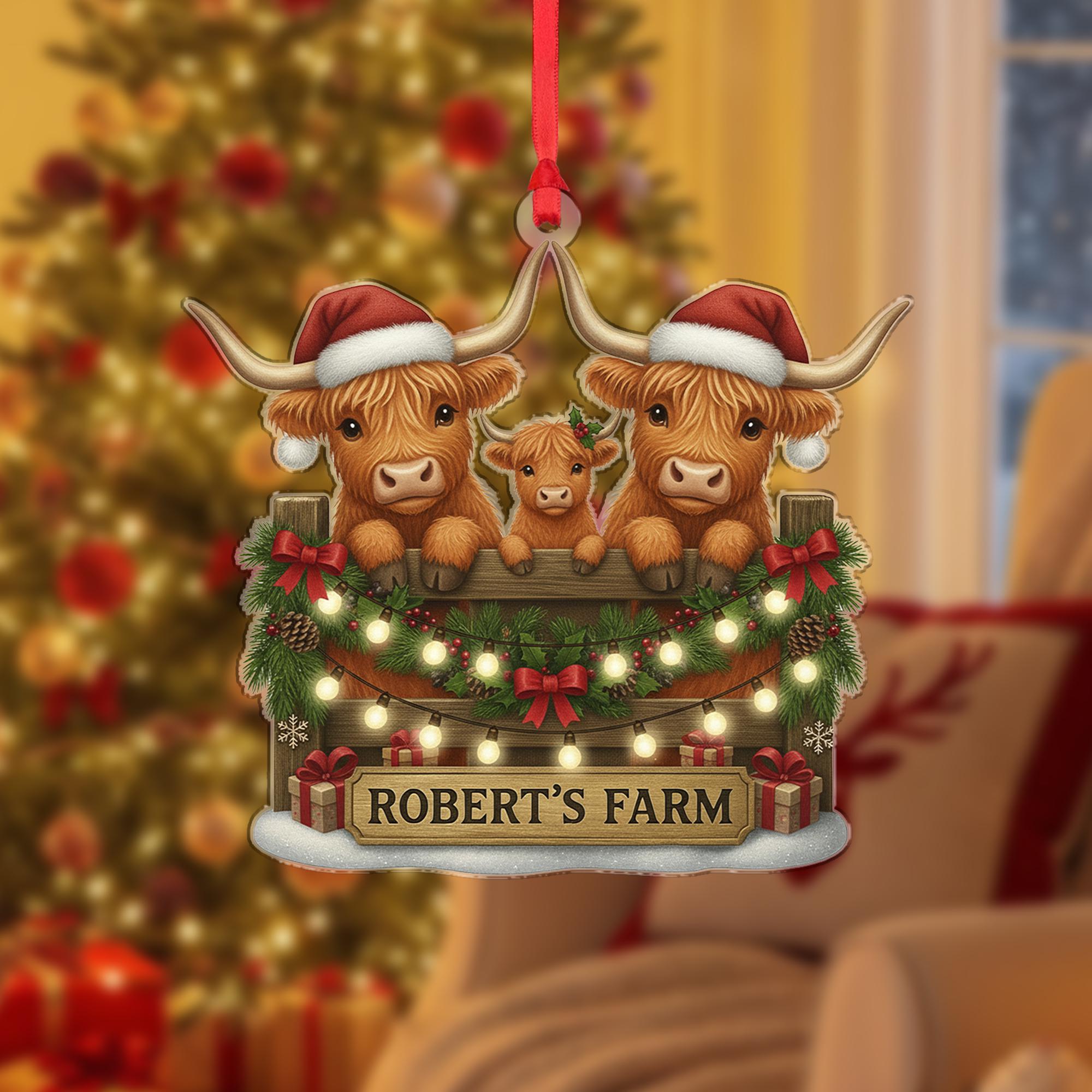 Personalized Farm Ornament: Highland Cow Family Christmas Tree Decoration