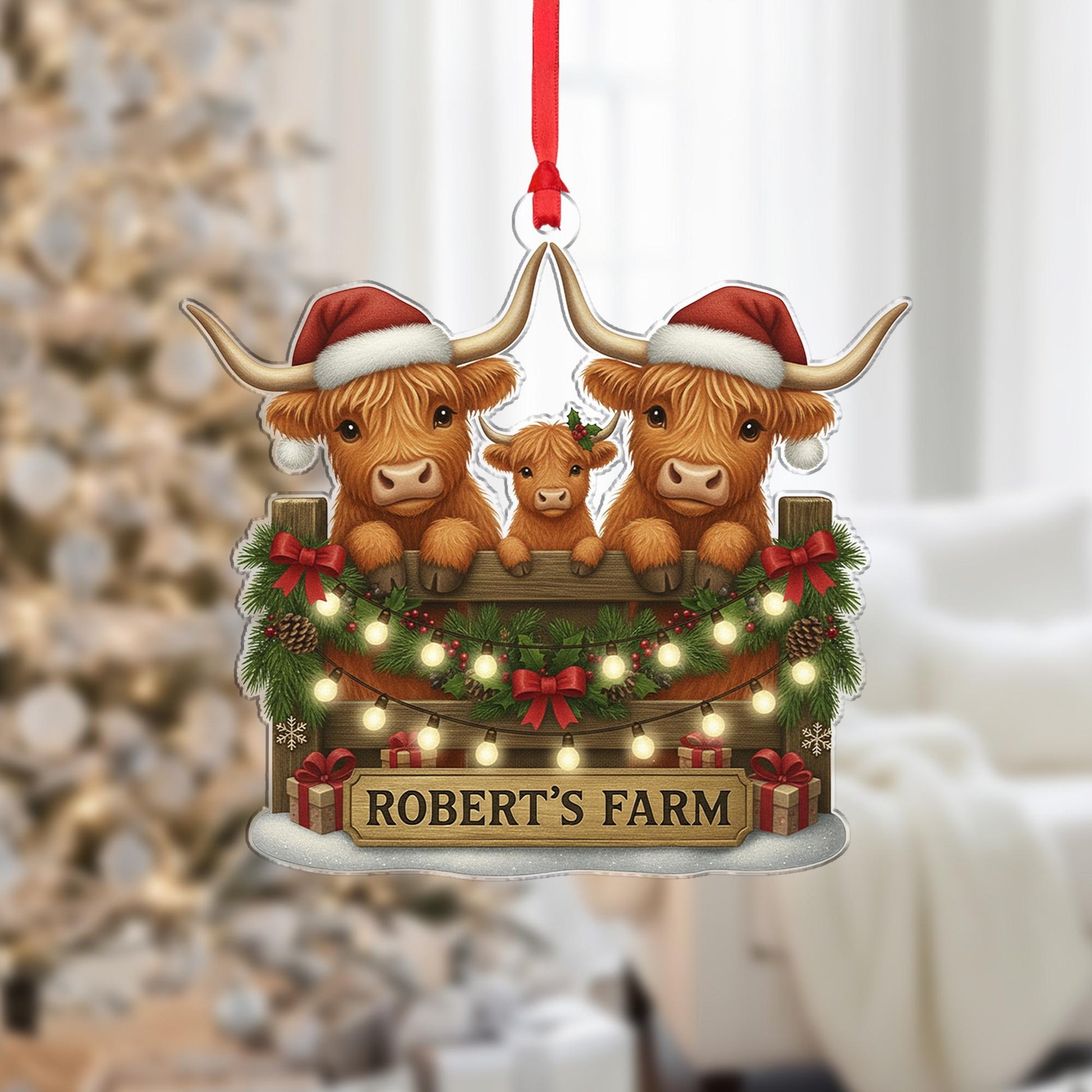 Personalized Farm Ornament: Highland Cow Family Christmas Tree Decoration