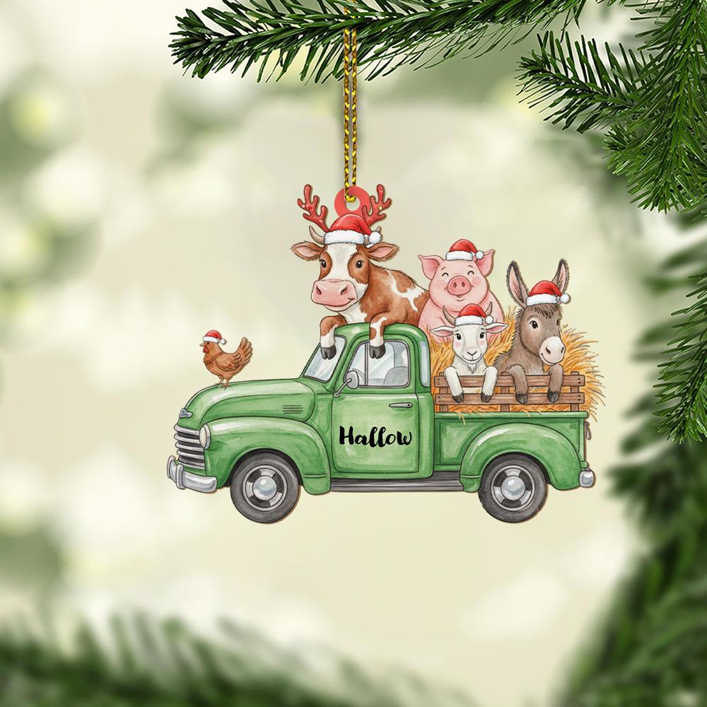 Personalized Farm Animals Christmas Truck Ornament – Custom Name with Santa Hats and Hay