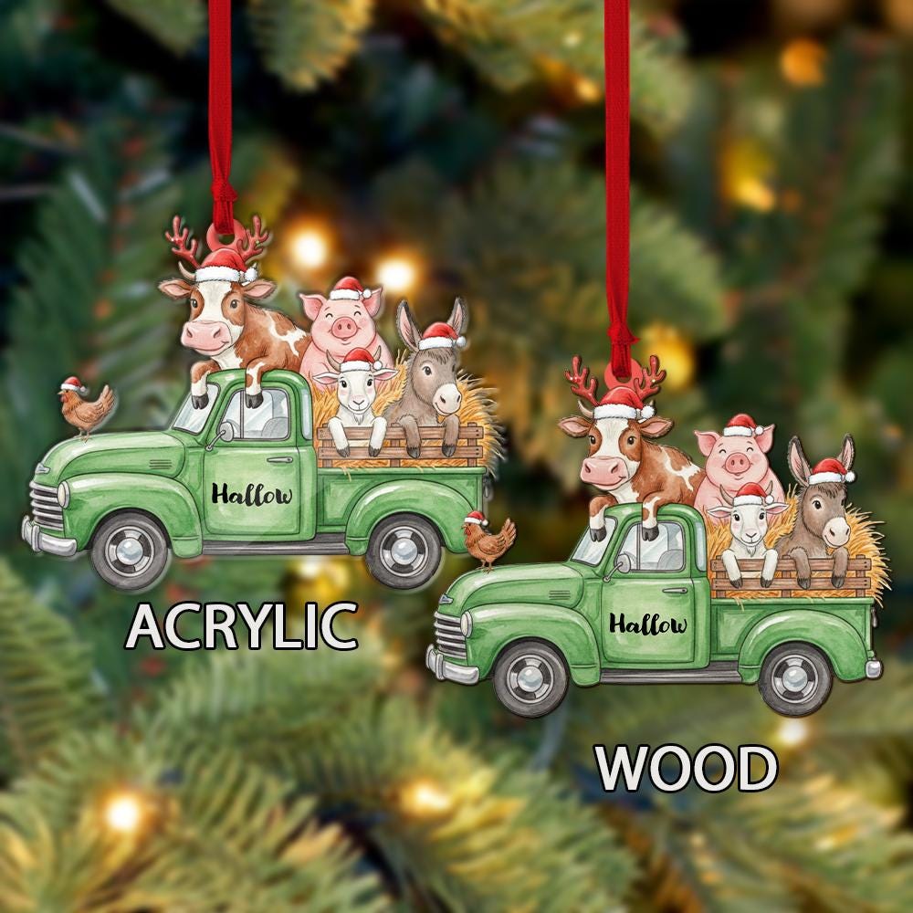 Personalized Farm Animals Christmas Truck Ornament – Custom Name with Santa Hats and Hay