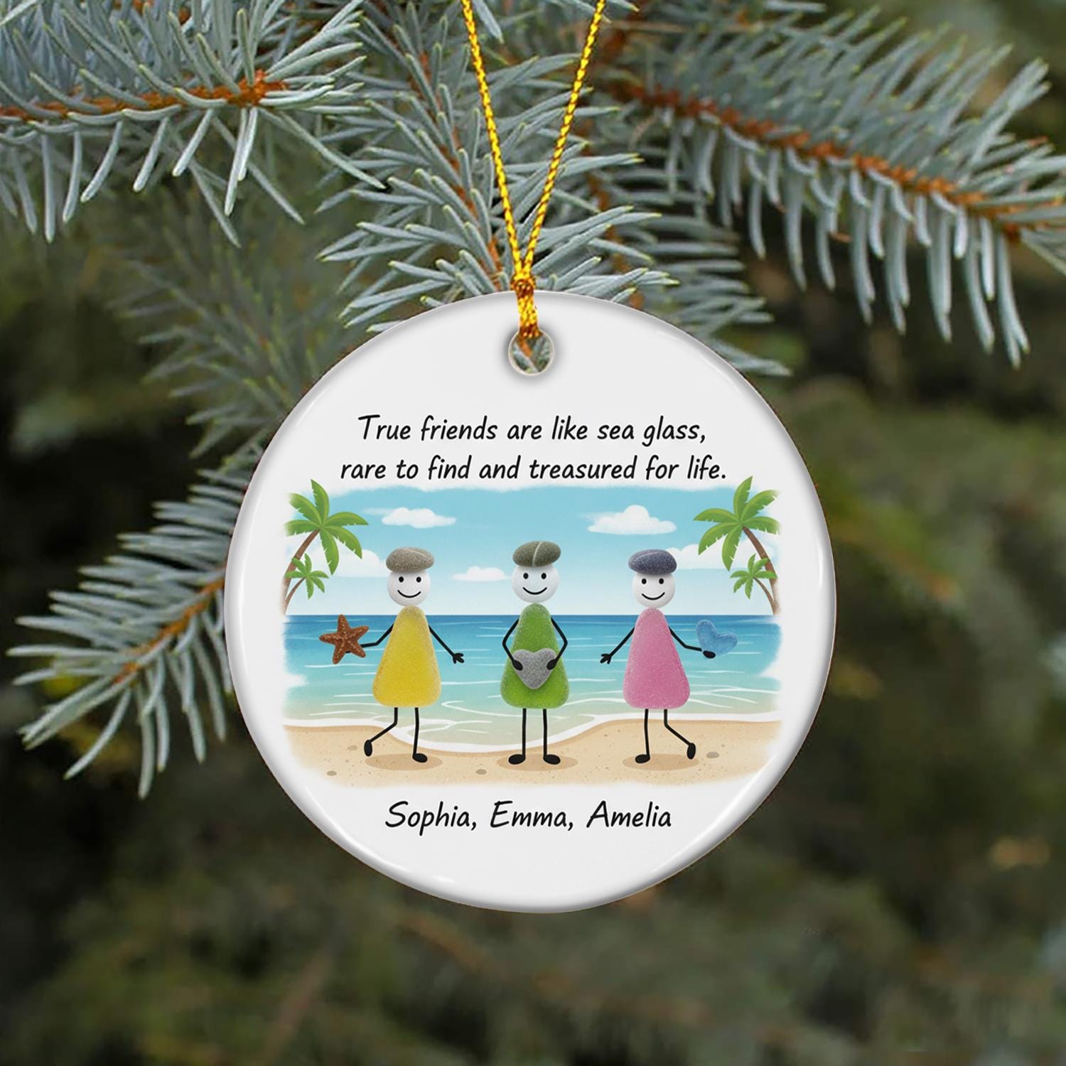 Personalized Friends Beach Ornament – Custom Names with Sea Glass and Friendship Quote