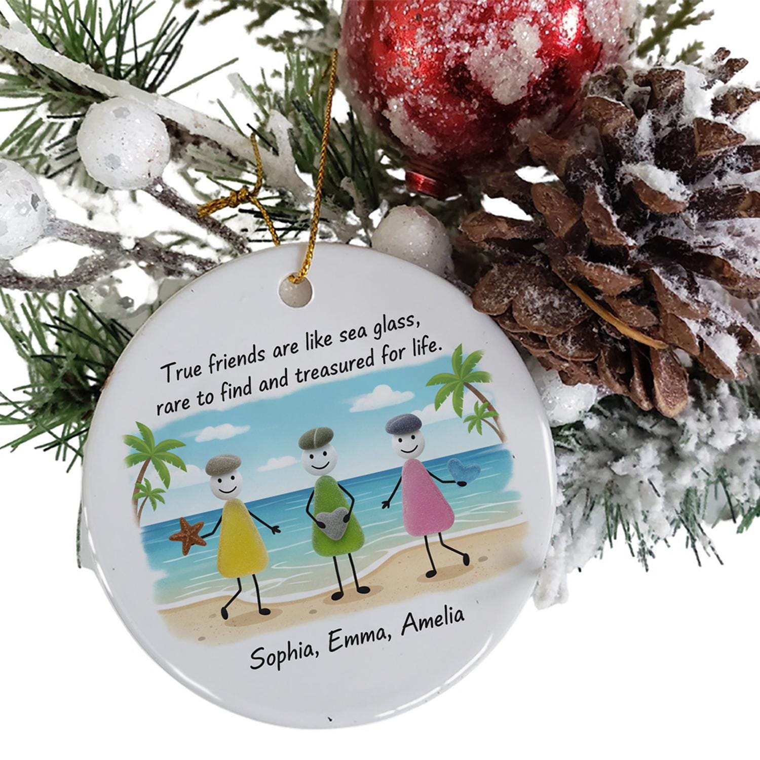 Personalized Friends Beach Ornament – Custom Names with Sea Glass and Friendship Quote