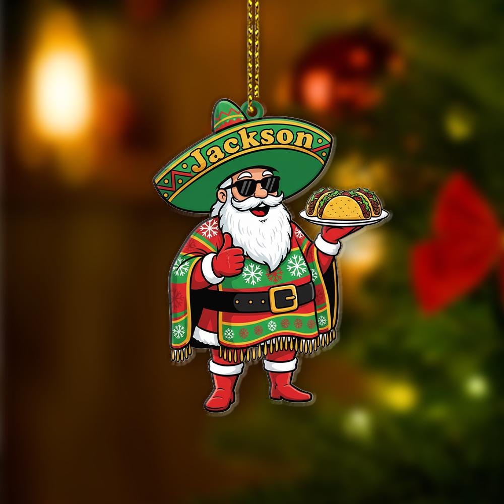 Custom Mexican Santa Ornament with Sombrero and Tacos – Personalized Christmas Tree Decoration