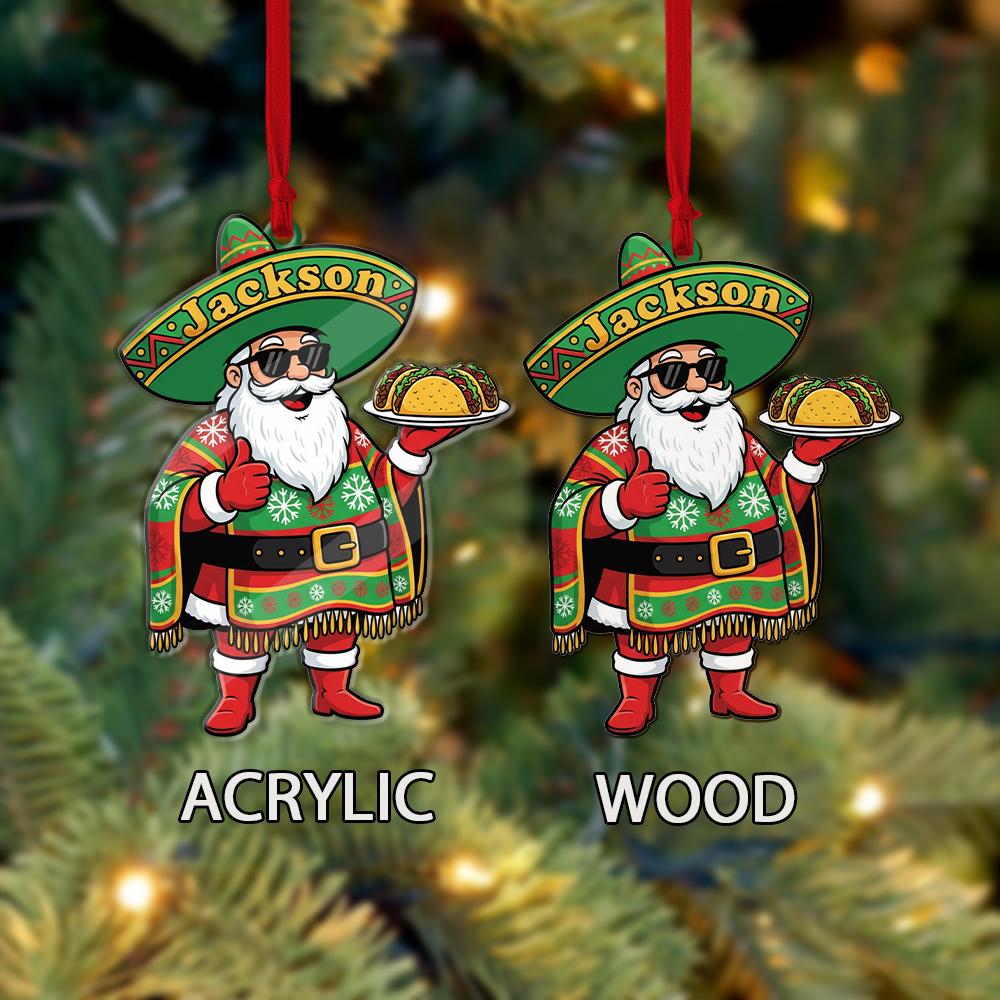 Custom Mexican Santa Ornament with Sombrero and Tacos – Personalized Christmas Tree Decoration