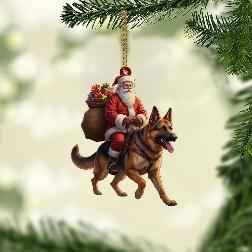 Santa Riding Dog Ornament – Christmas Decoration with German Shepherd and Gift Bag