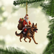 Santa Riding Dog Ornament – Christmas Decoration with German Shepherd and Gift Bag