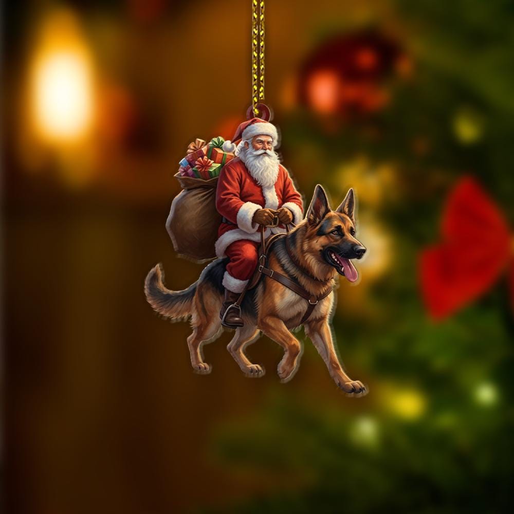 Santa Riding Dog Ornament – Christmas Decoration with German Shepherd and Gift Bag