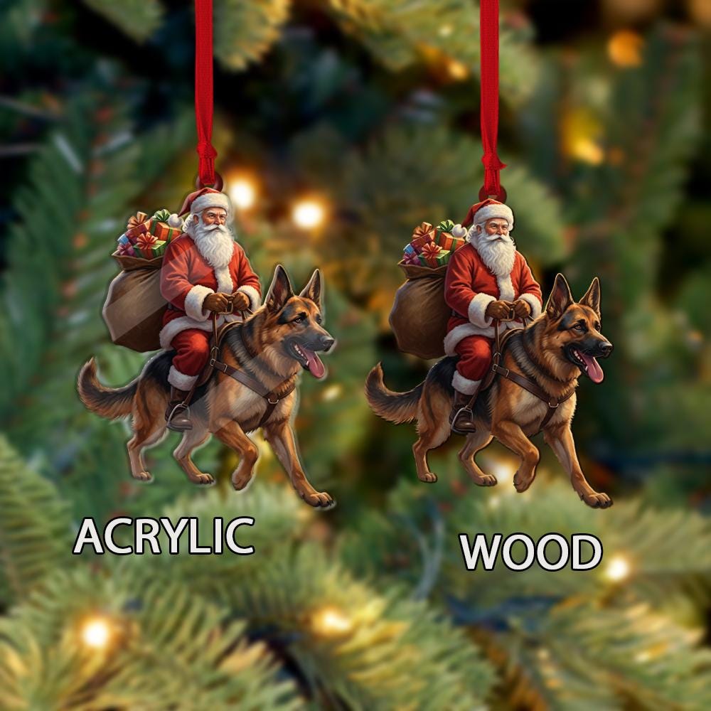 Santa Riding Dog Ornament – Christmas Decoration with German Shepherd and Gift Bag