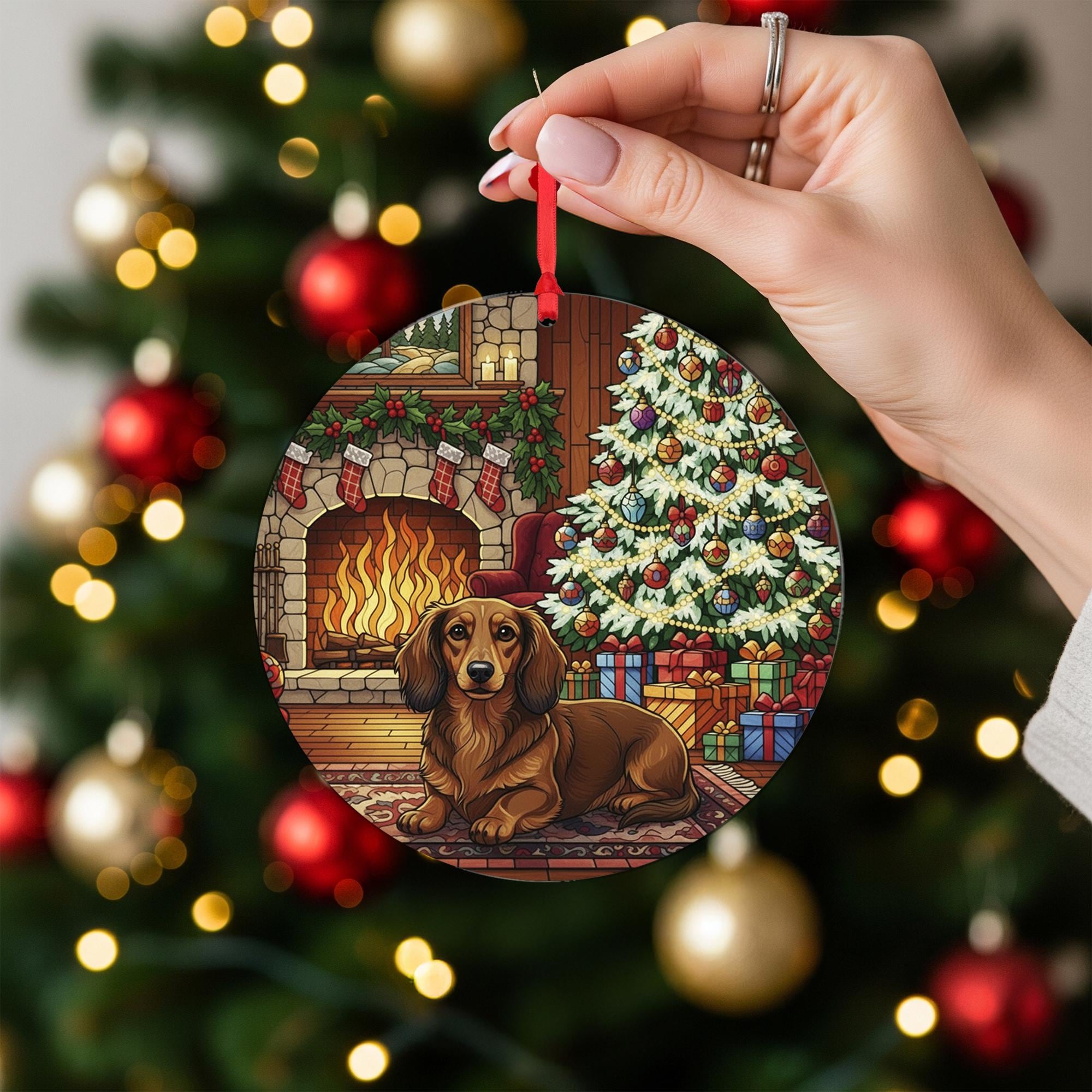 Dog Ornament: Dachshund Christmas Tree Fireplace Scene – Round Holiday Decoration