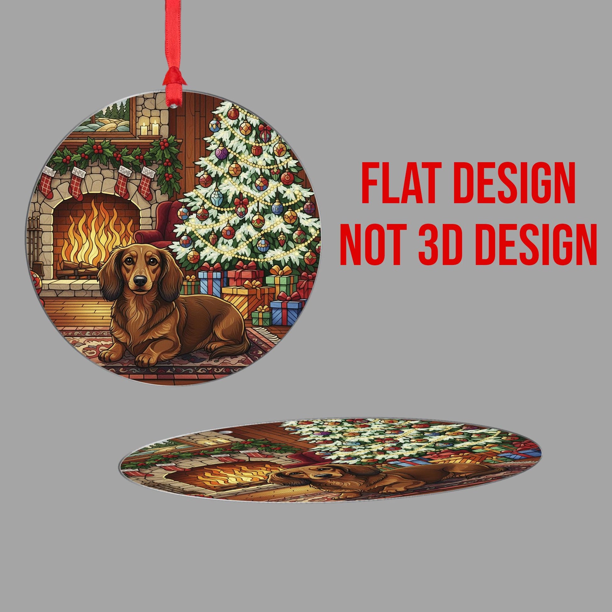 Dog Ornament: Dachshund Christmas Tree Fireplace Scene – Round Holiday Decoration