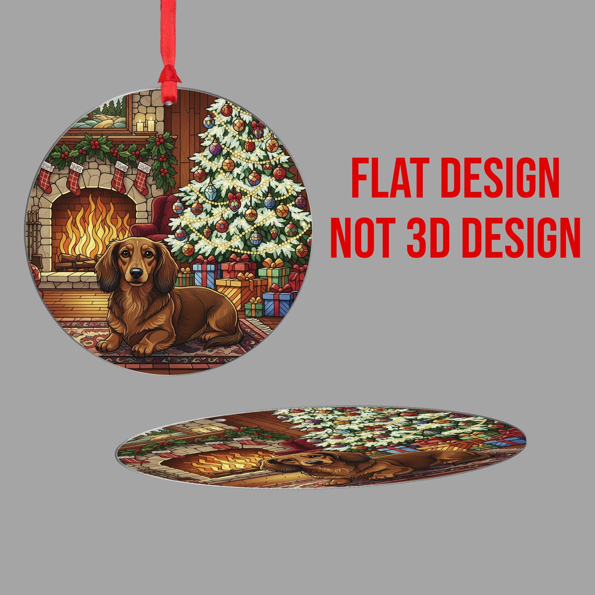 Dog Ornament: Dachshund Christmas Tree Fireplace Scene – Round Holiday Decoration