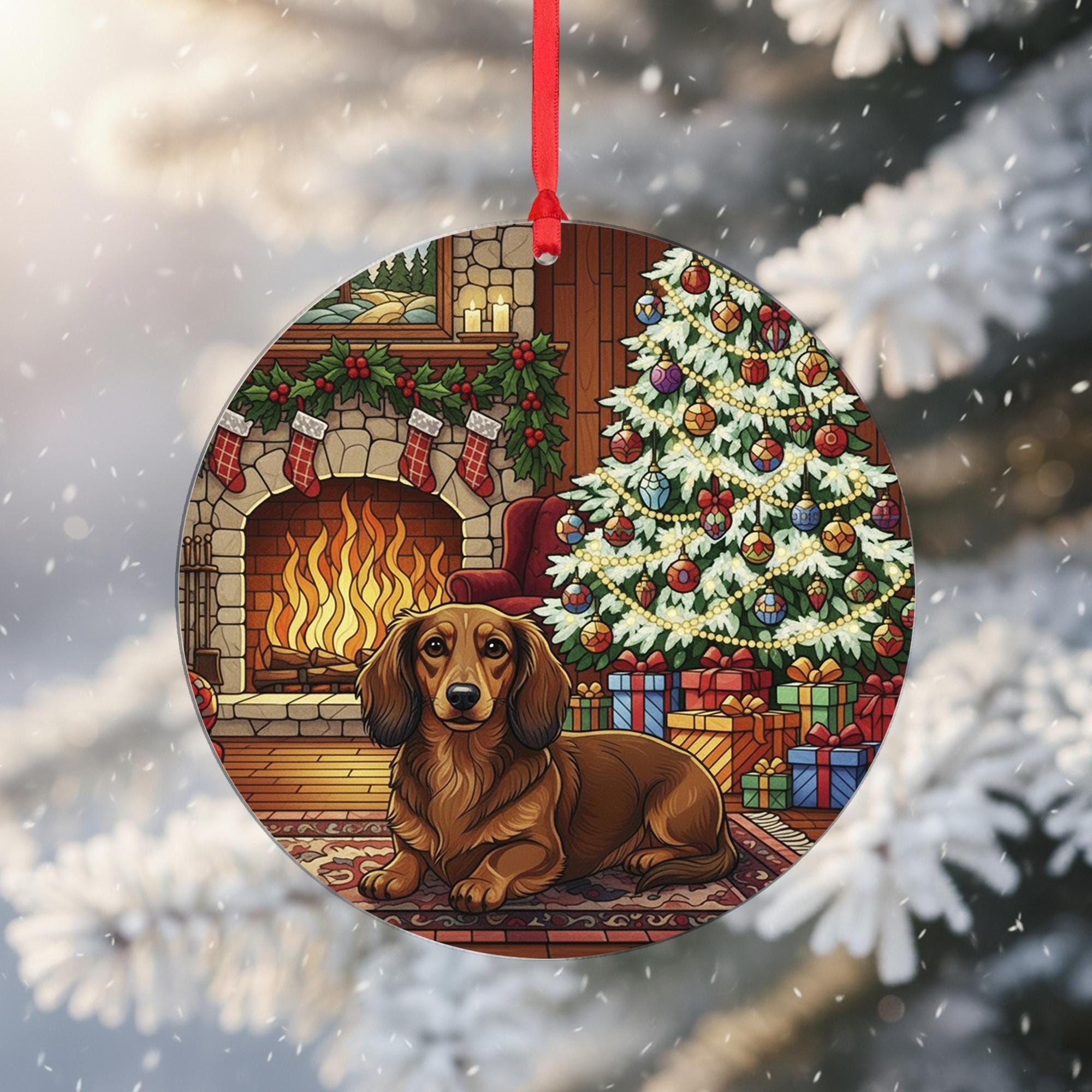 Dog Ornament: Dachshund Christmas Tree Fireplace Scene – Round Holiday Decoration