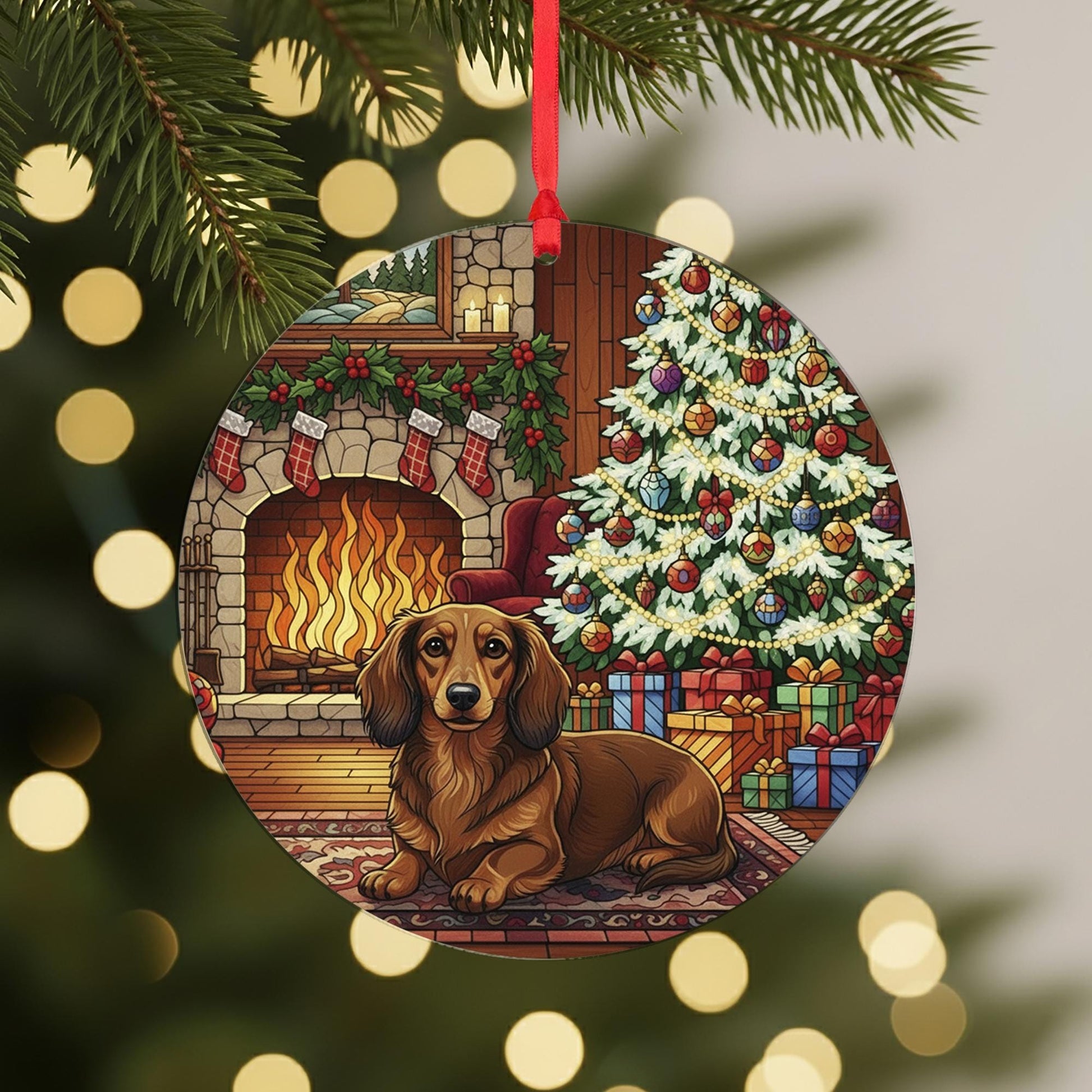 Dog Ornament: Dachshund Christmas Tree Fireplace Scene – Round Holiday Decoration