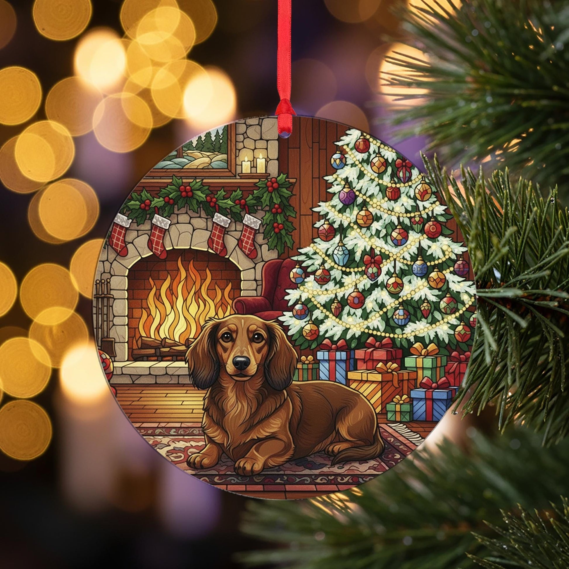 Dog Ornament: Dachshund Christmas Tree Fireplace Scene – Round Holiday Decoration
