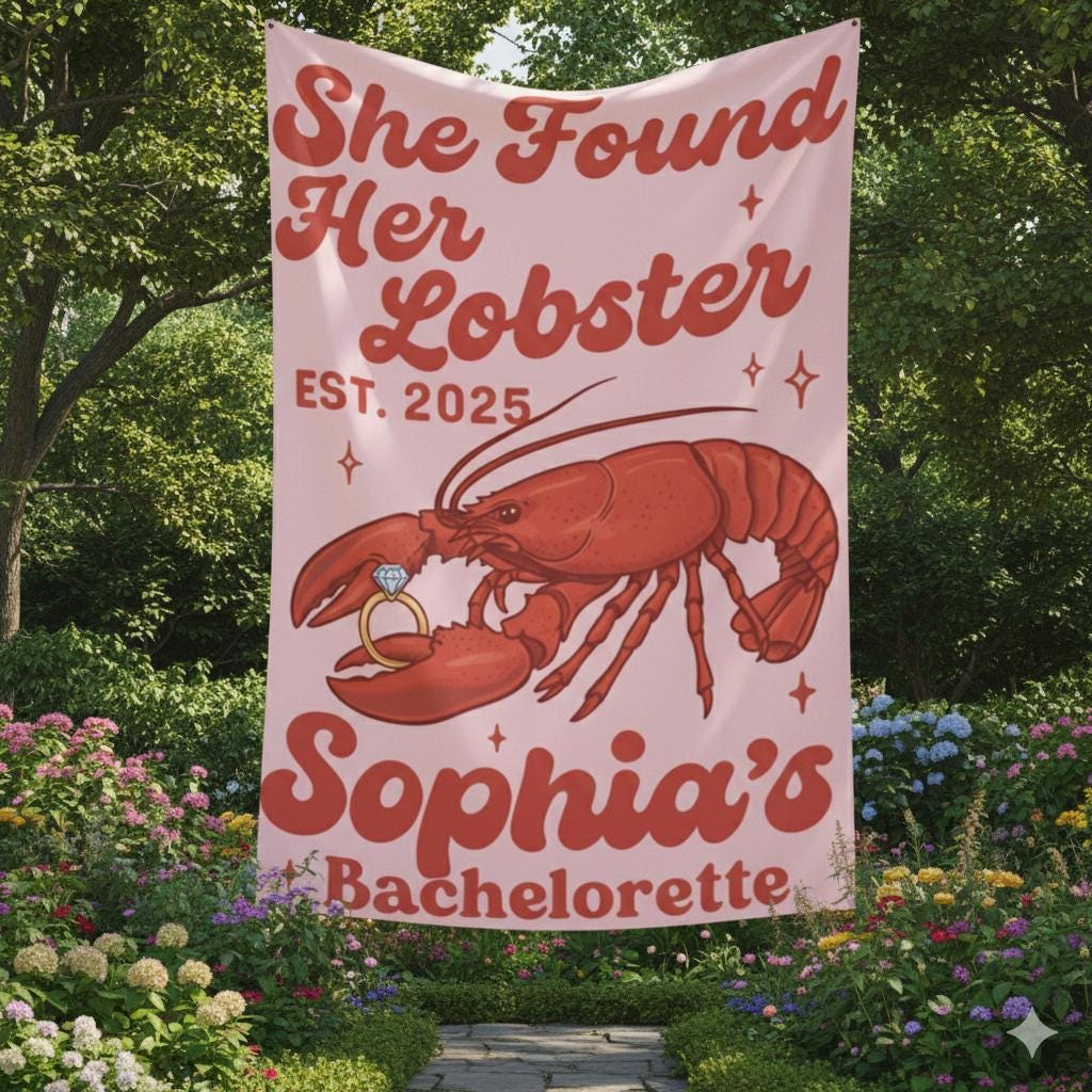 Lobster Bachelorette Tapestry, Custom Name and Date, Party Wall Banner, Pink or Blue