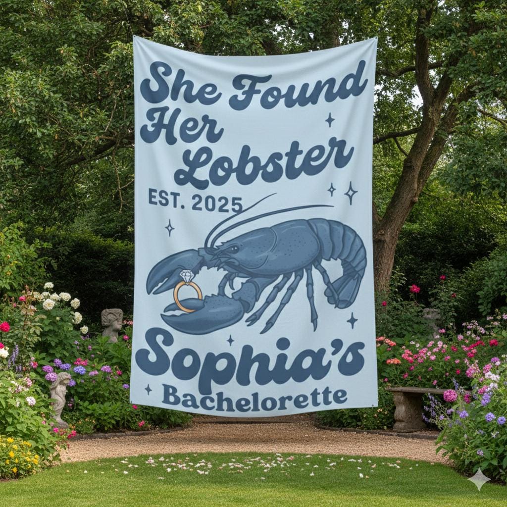 Lobster Bachelorette Tapestry, Custom Name and Date, Party Wall Banner, Pink or Blue
