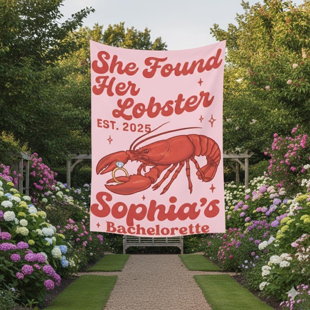 Lobster Bachelorette Tapestry, Custom Name and Date, Party Wall Banner, Pink or Blue