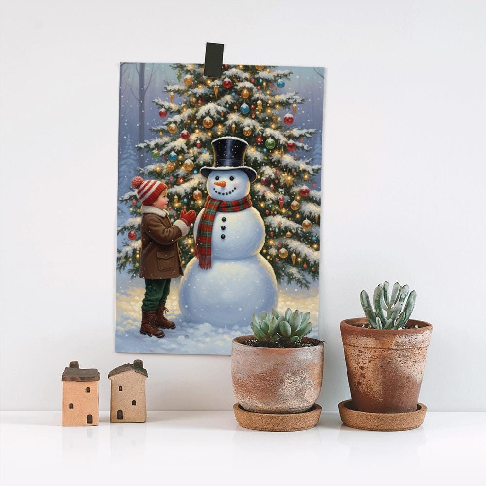 Snowman and Child Christmas Poster: Festive Tree Decor