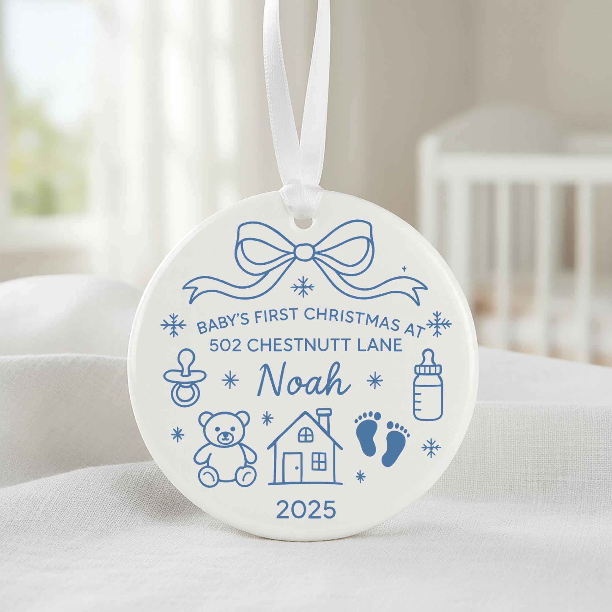 Personalized Family Christmas Ornament: Sea Glass Pine Tree Ceramic Decoration