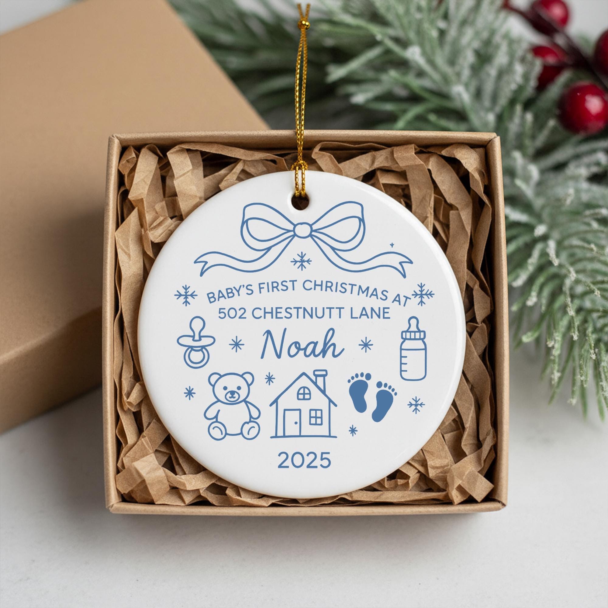 Personalized Family Christmas Ornament: Sea Glass Pine Tree Ceramic Decoration