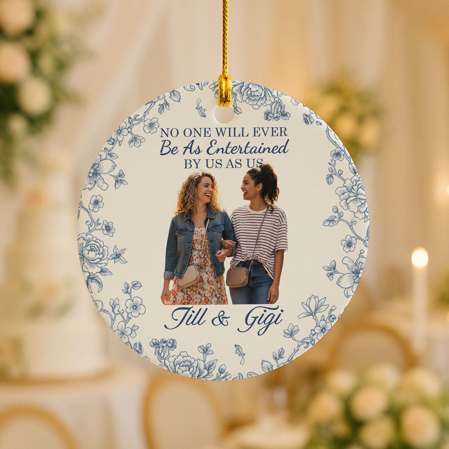 Best Friend Photo Ceramic Ornament • Personalized Round • Blue Floral • Custom Names • 2025