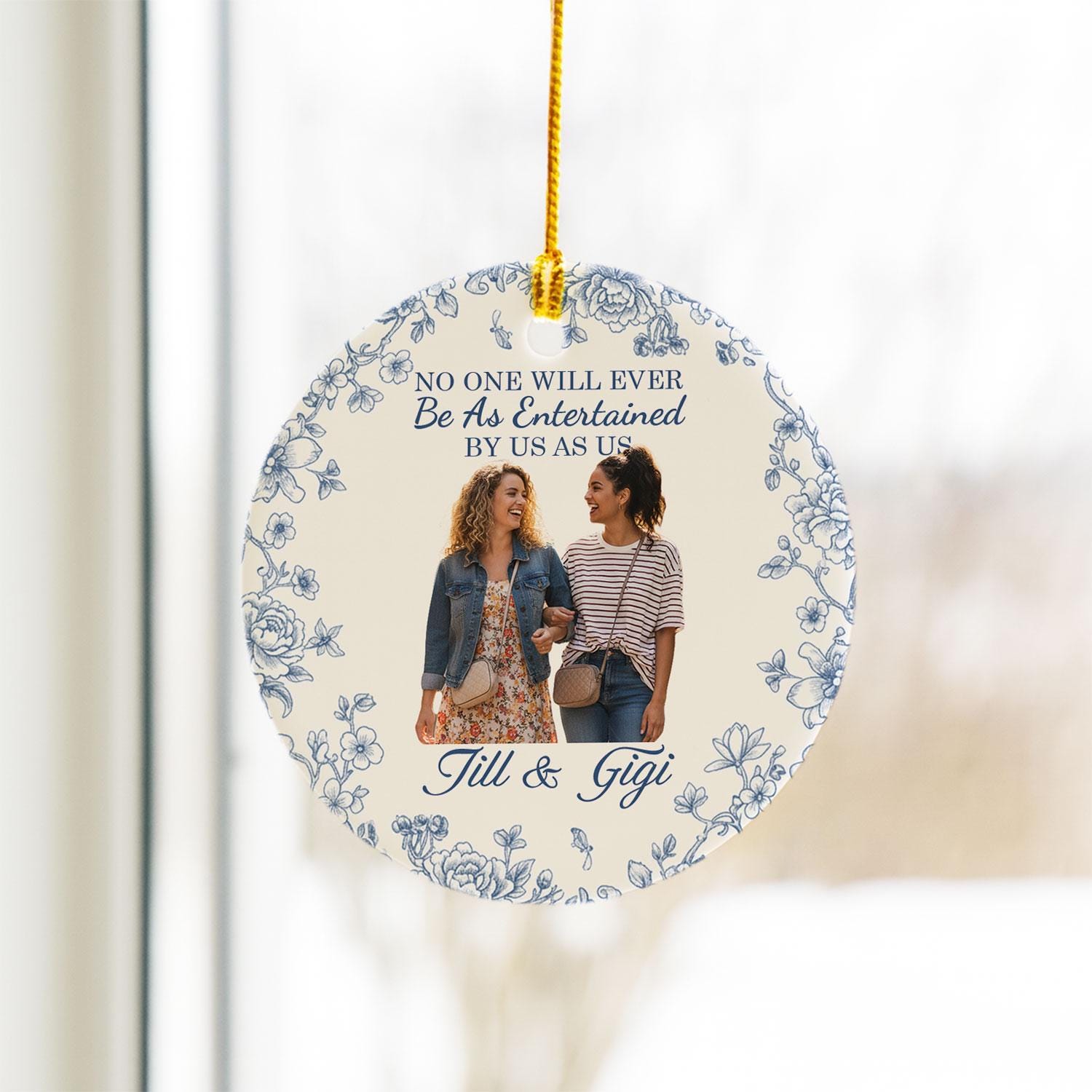 Best Friend Photo Ceramic Ornament • Personalized Round • Blue Floral • Custom Names • 2025