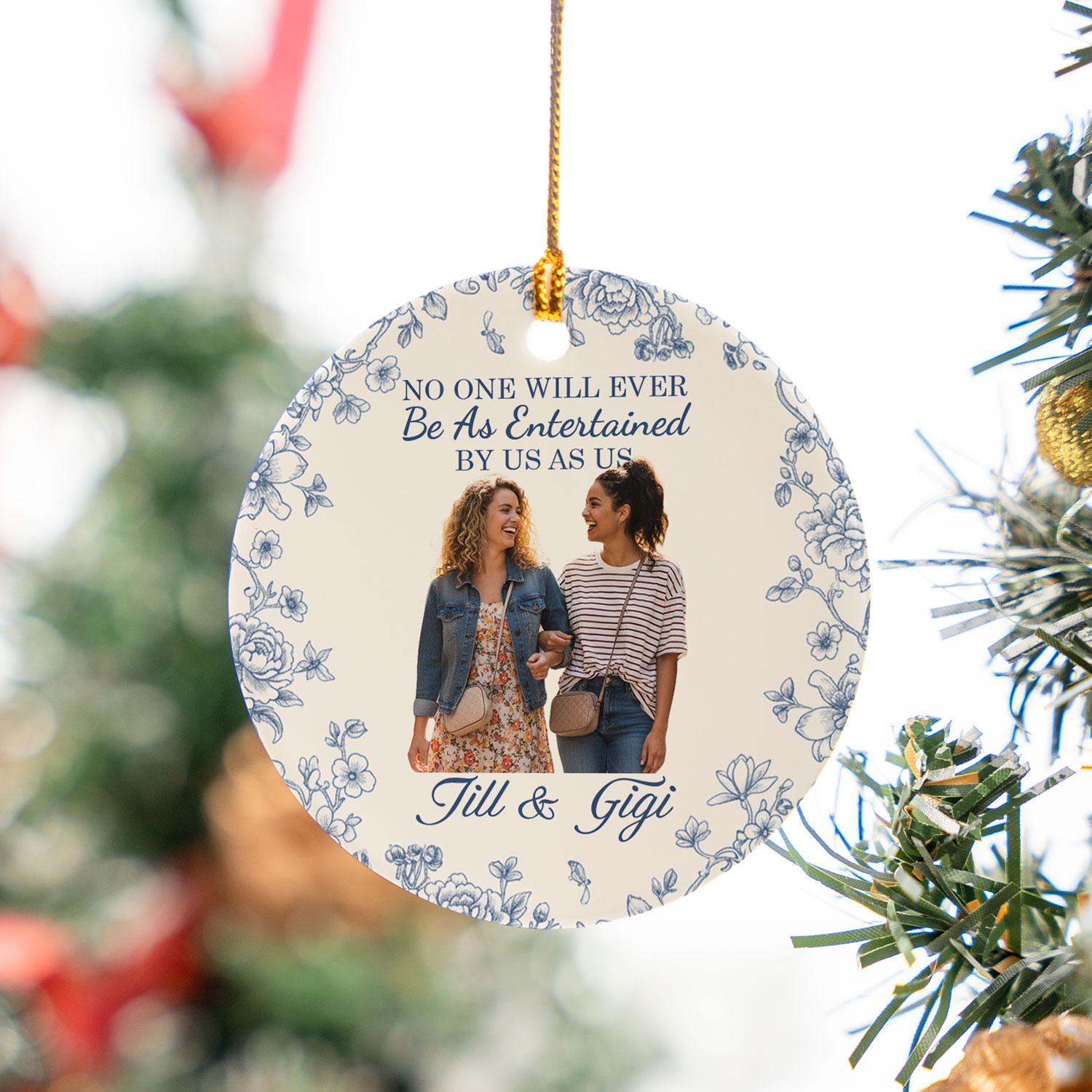 Best Friend Photo Ceramic Ornament • Personalized Round • Blue Floral • Custom Names • 2025