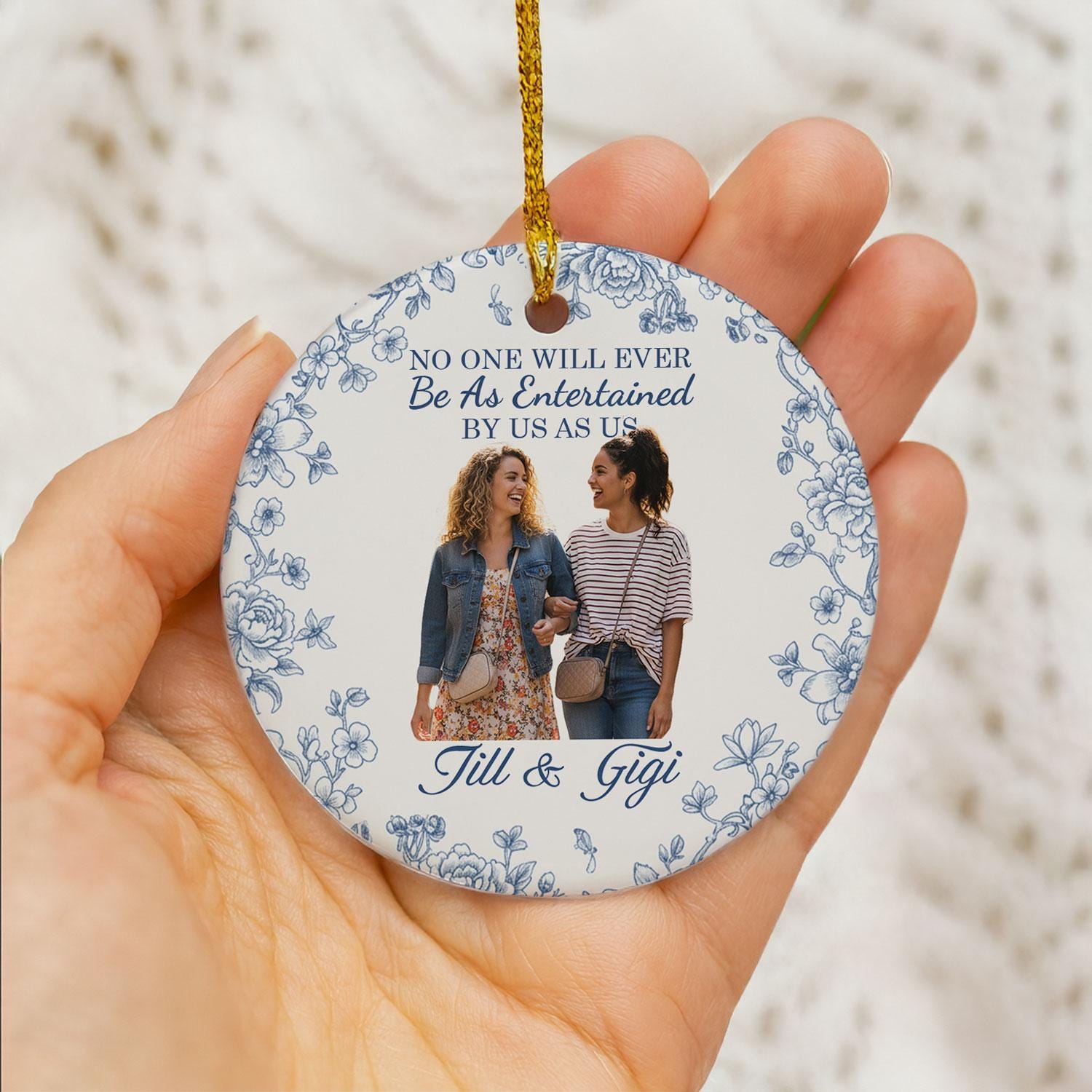 Best Friend Photo Ceramic Ornament • Personalized Round • Blue Floral • Custom Names • 2025