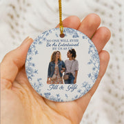 Best Friend Photo Ceramic Ornament • Personalized Round • Blue Floral • Custom Names • 2025