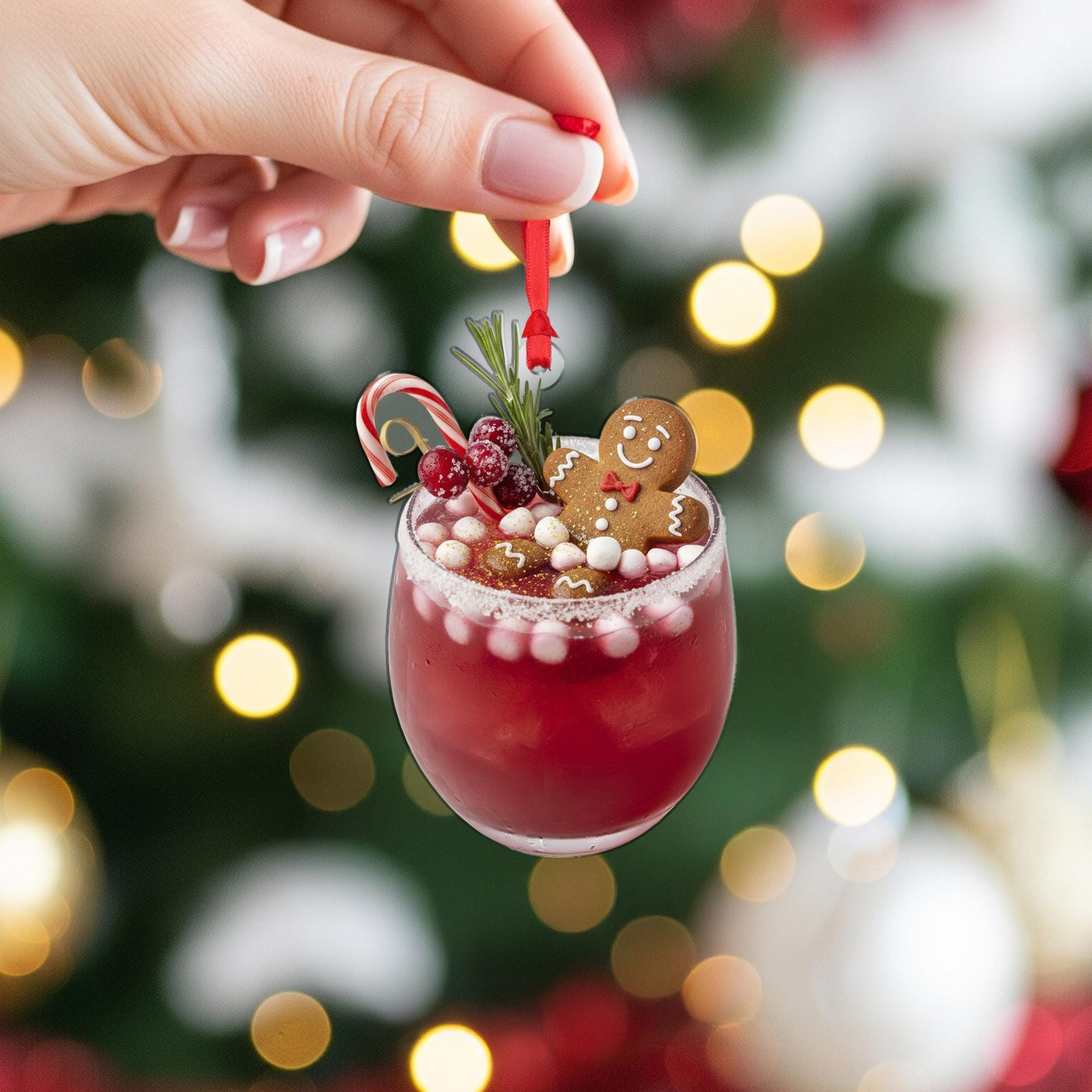 Gingerbread Drink Ornament: Christmas Tree Decoration with Candy Cane and Berries
