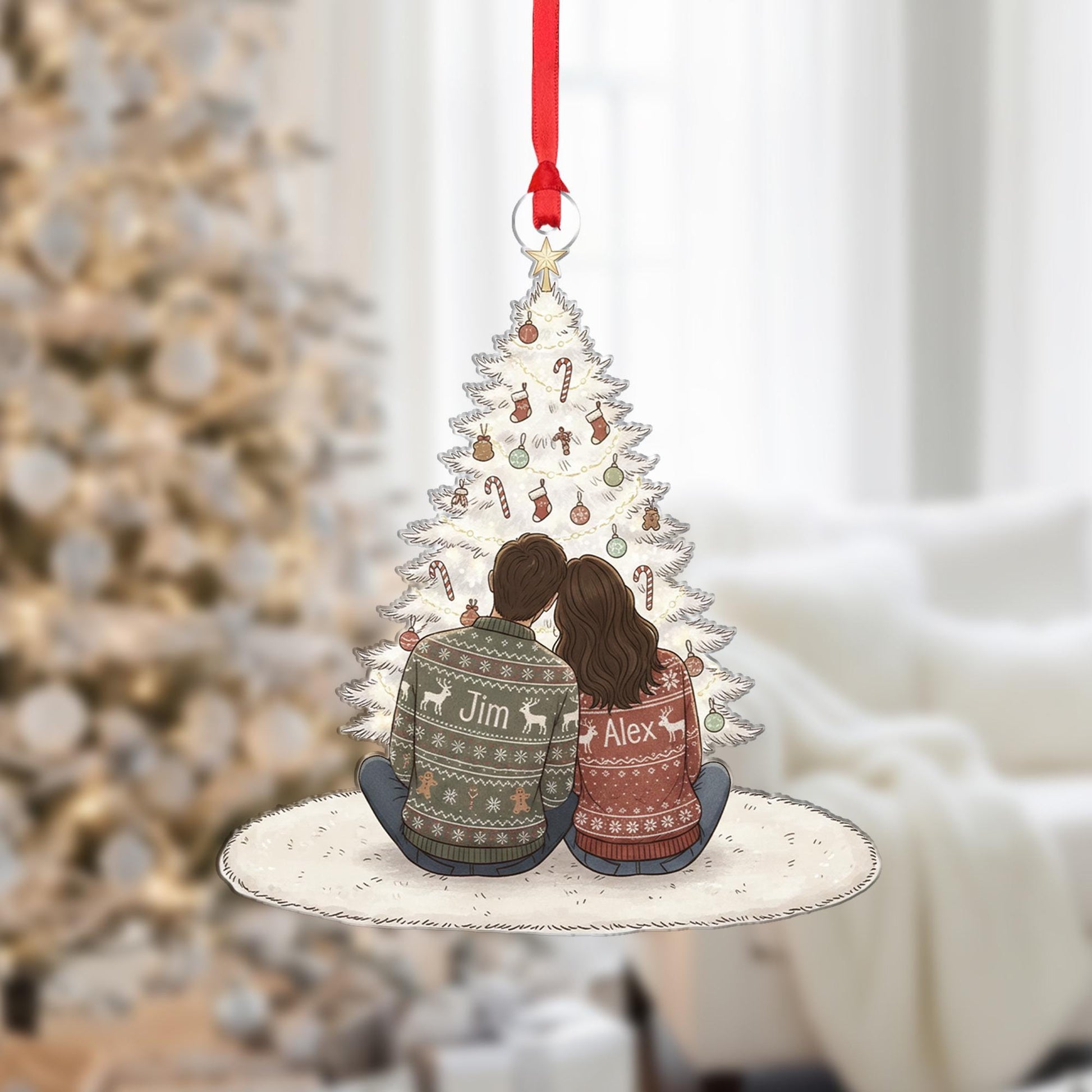 Personalized Couple Ornament: Christmas Tree Decoration with Names and Holiday Sweaters