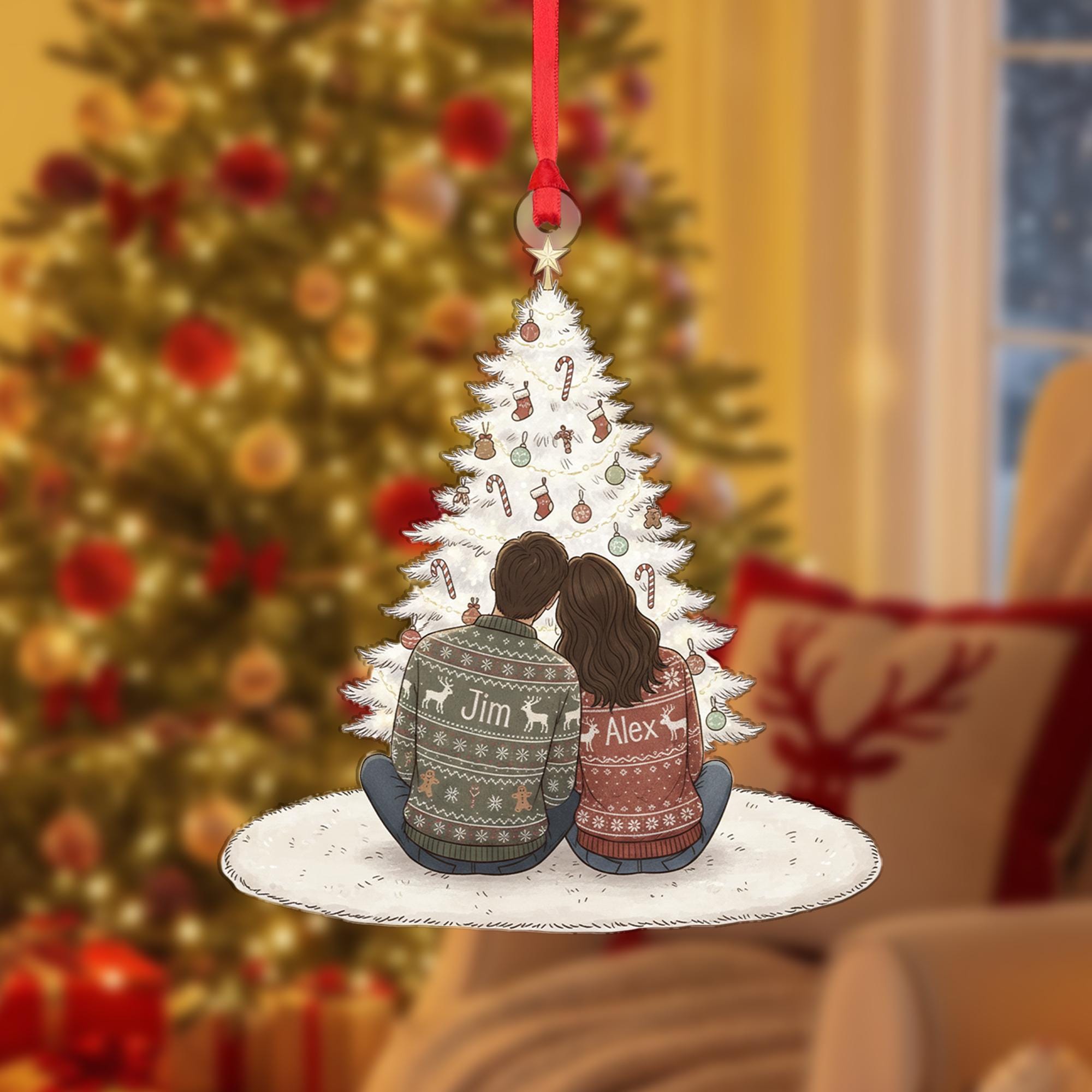 Personalized Couple Ornament: Christmas Tree Decoration with Names and Holiday Sweaters