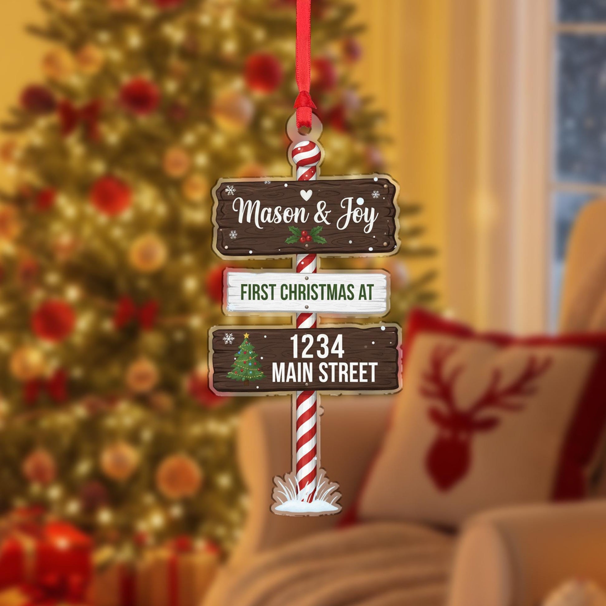 Personalized Address Ornament: First Christmas Tree Decoration with Custom Names and Street Sign