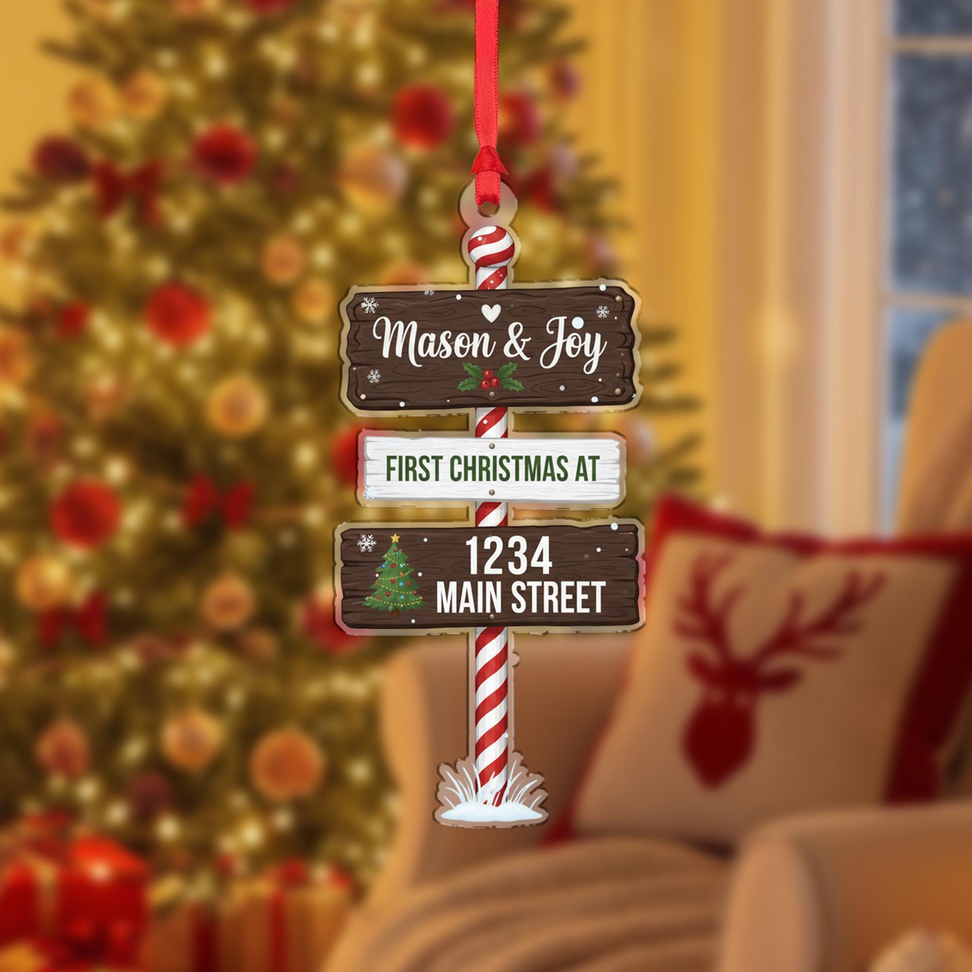 Personalized Address Ornament: First Christmas Tree Decoration with Custom Names and Street Sign