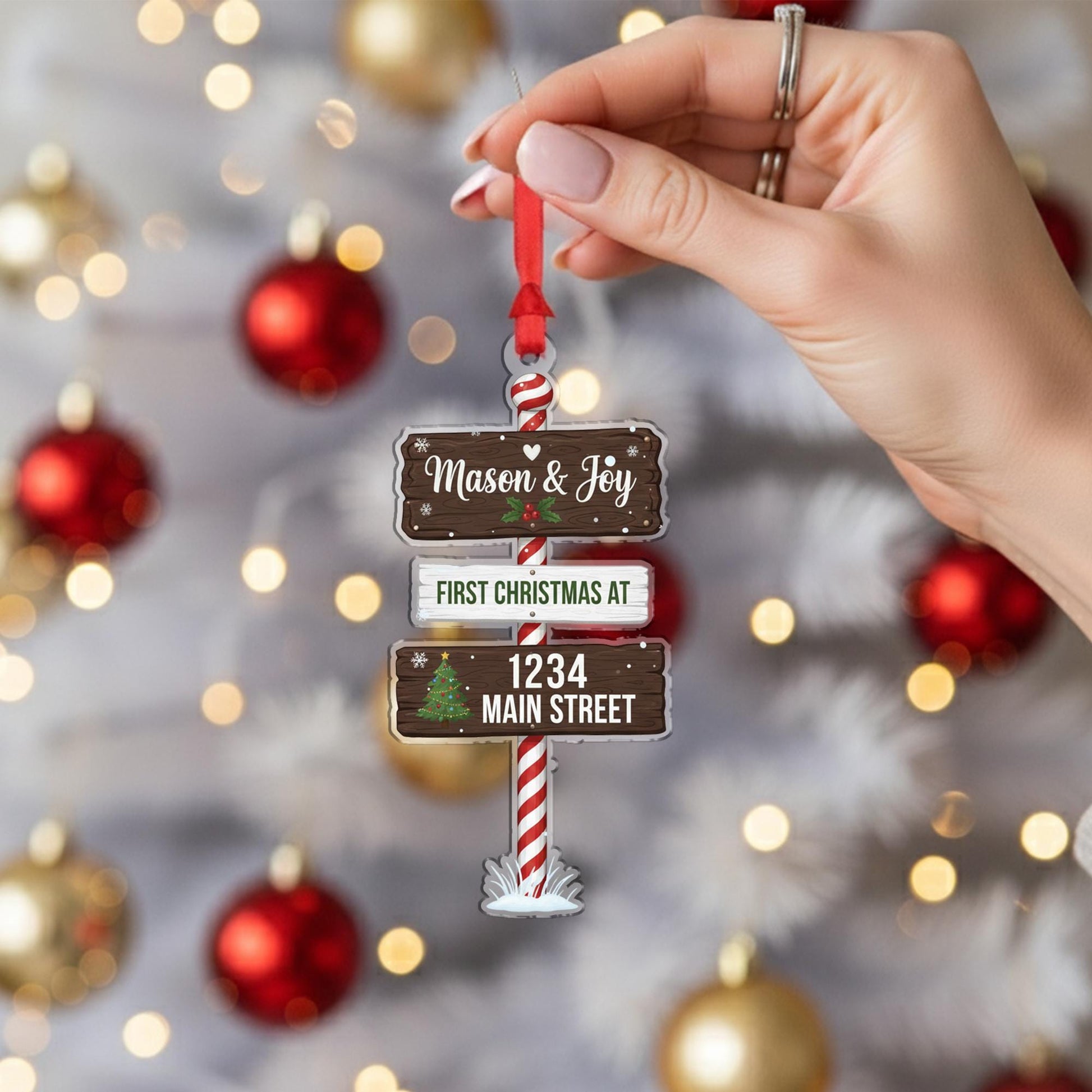 Personalized Address Ornament: First Christmas Tree Decoration with Custom Names and Street Sign