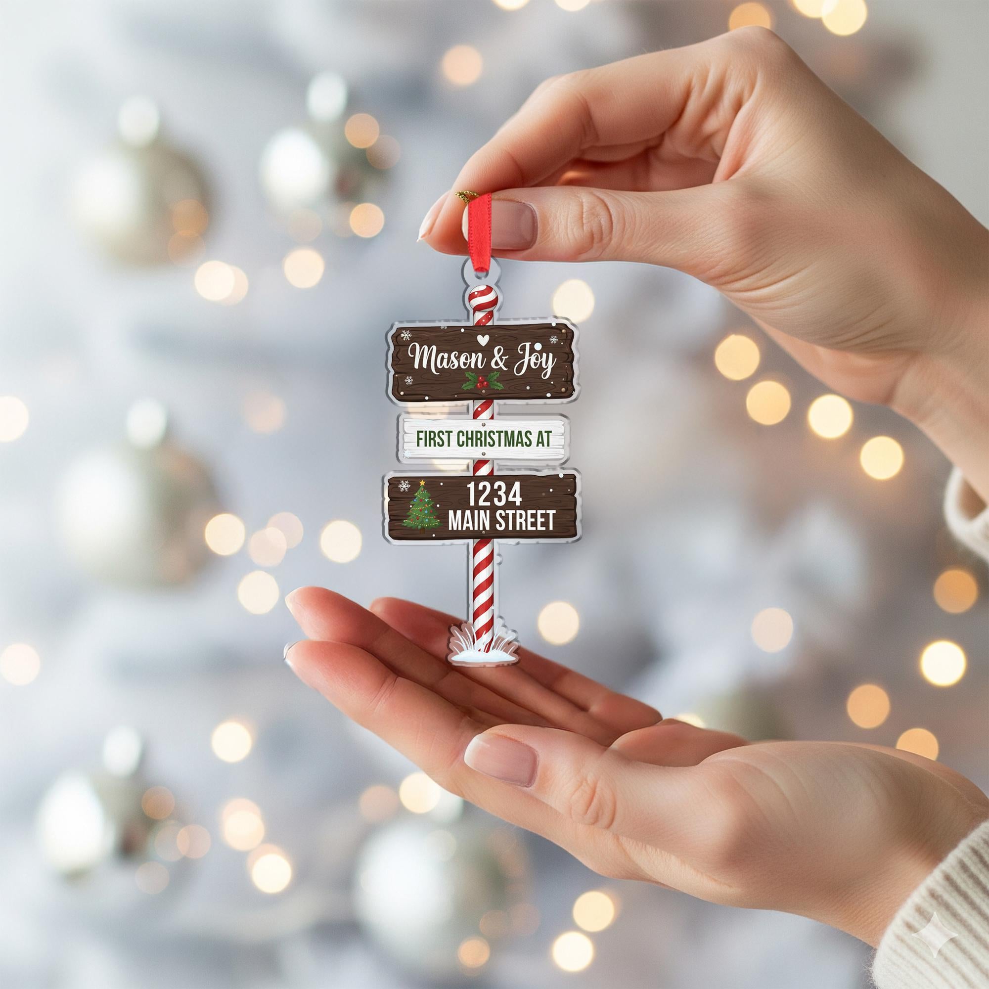 Personalized Address Ornament: First Christmas Tree Decoration with Custom Names and Street Sign