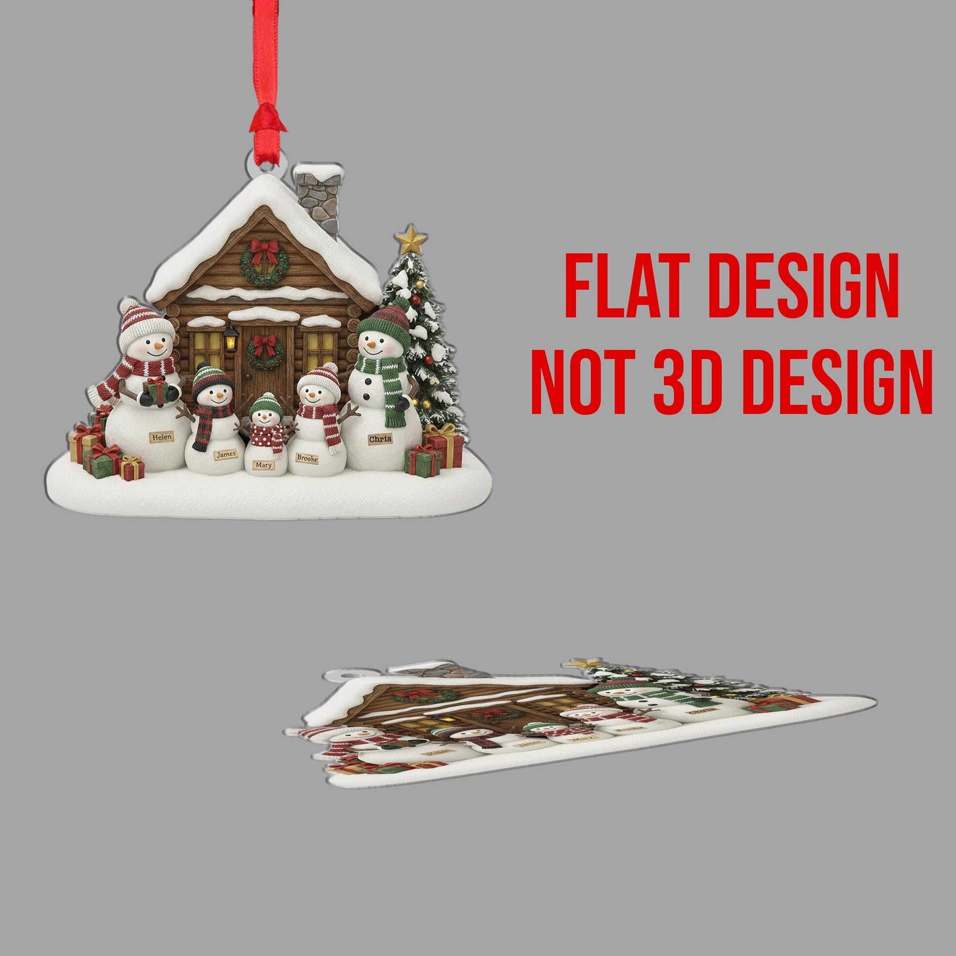 Personalized Snowman Family Ornament: Christmas Tree Decoration with Cabin and Custom Names