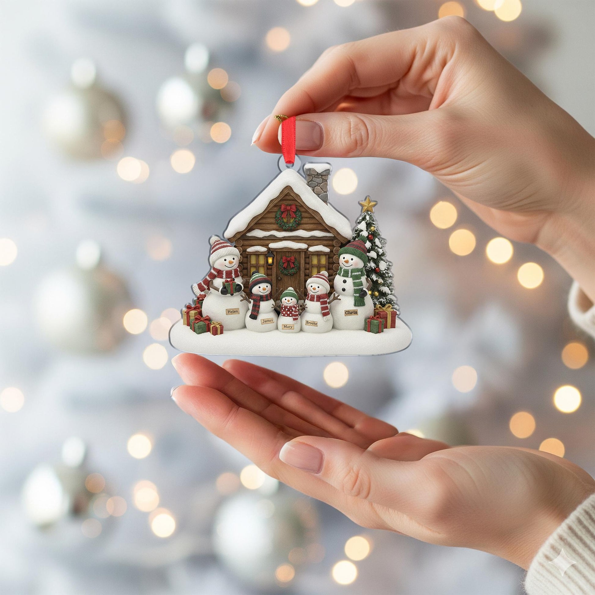 Personalized Snowman Family Ornament: Christmas Tree Decoration with Cabin and Custom Names
