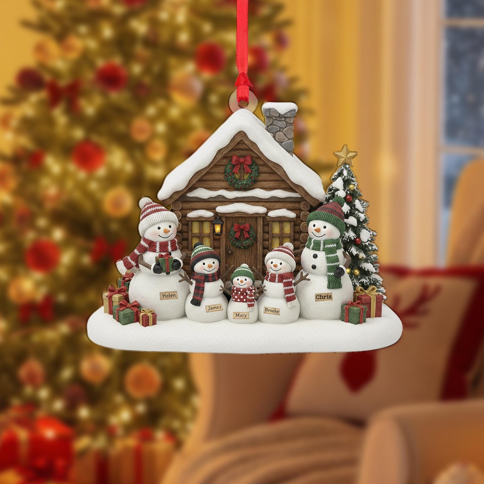Personalized Snowman Family Ornament: Christmas Tree Decoration with Cabin and Custom Names
