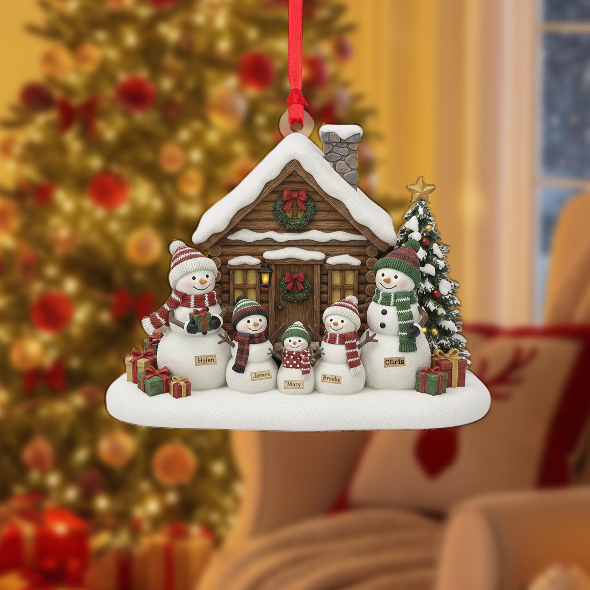 Personalized Snowman Family Ornament: Christmas Tree Decoration with Cabin and Custom Names