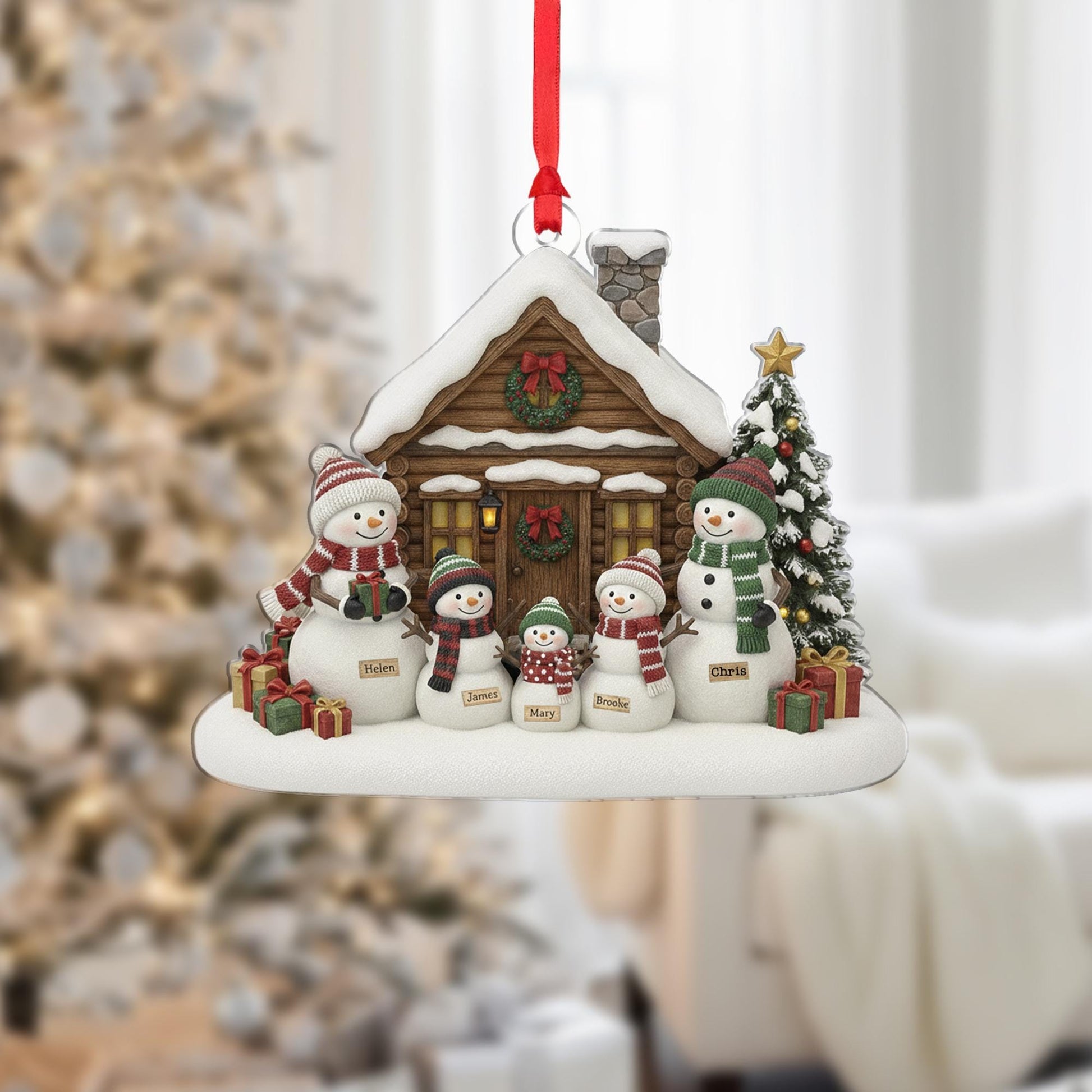 Personalized Snowman Family Ornament: Christmas Tree Decoration with Cabin and Custom Names