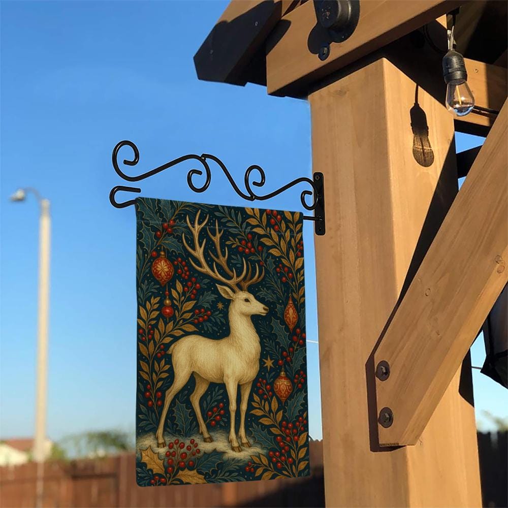 Reindeer Garden Flag – Christmas Outdoor Decor with Antlers, Ornaments and Holly