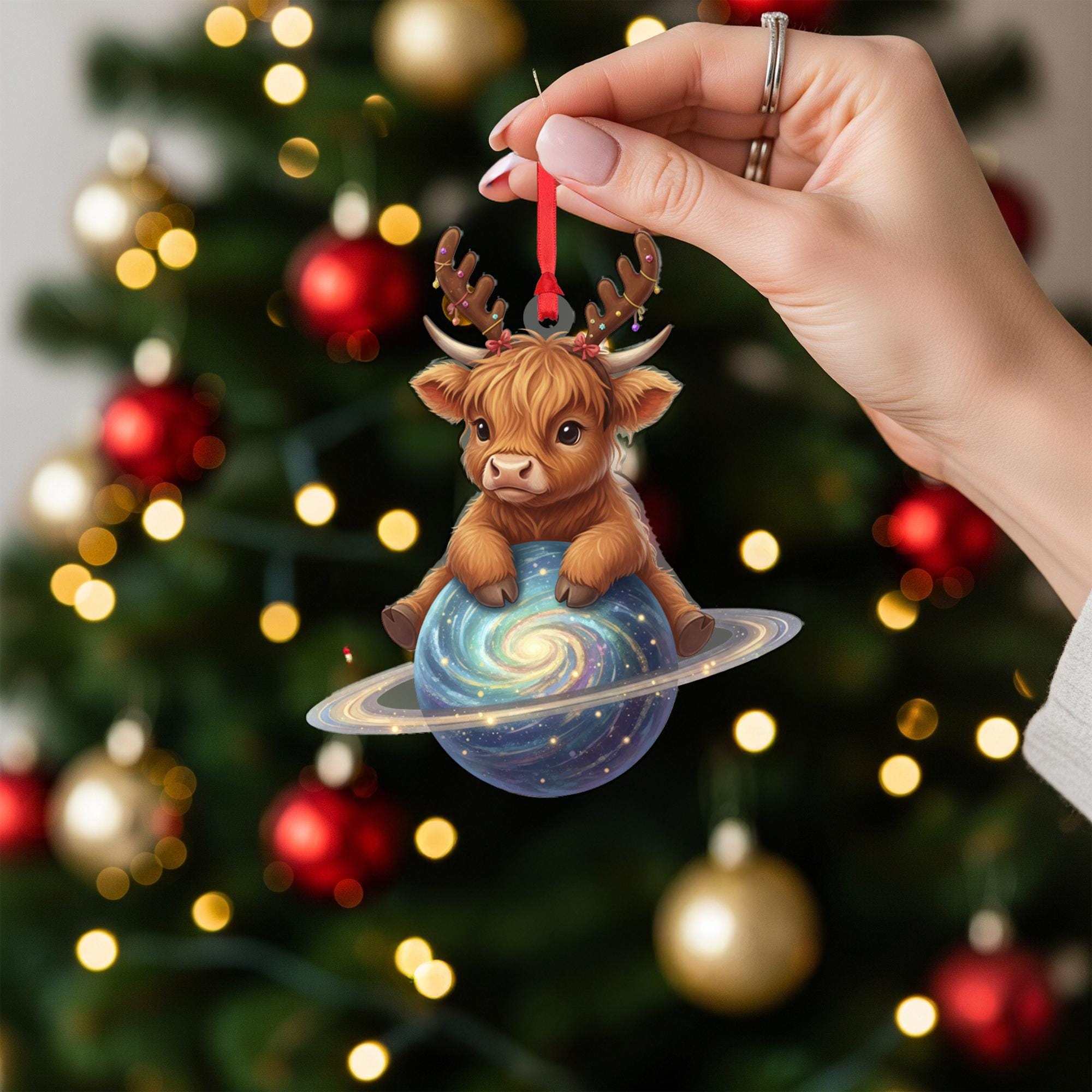 Highland Cow Ornament: Christmas Tree Decoration with Antlers and Galaxy Planet