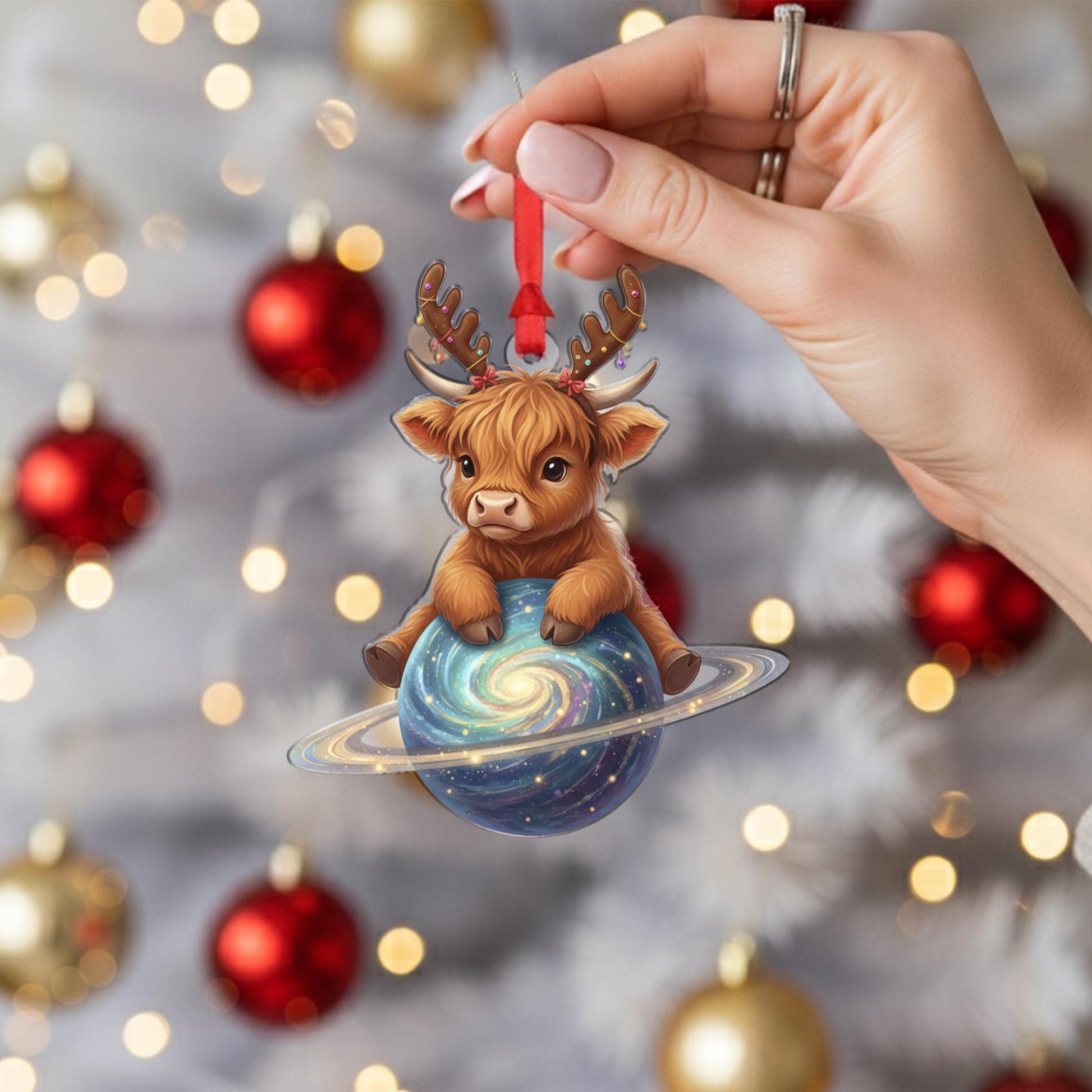 Highland Cow Ornament: Christmas Tree Decoration with Antlers and Galaxy Planet
