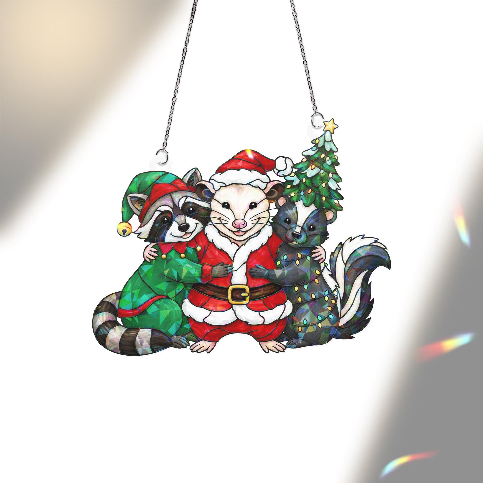 Woodland Animal Window Hanging – Christmas Raccoon Possum Skunk Hologram Decor