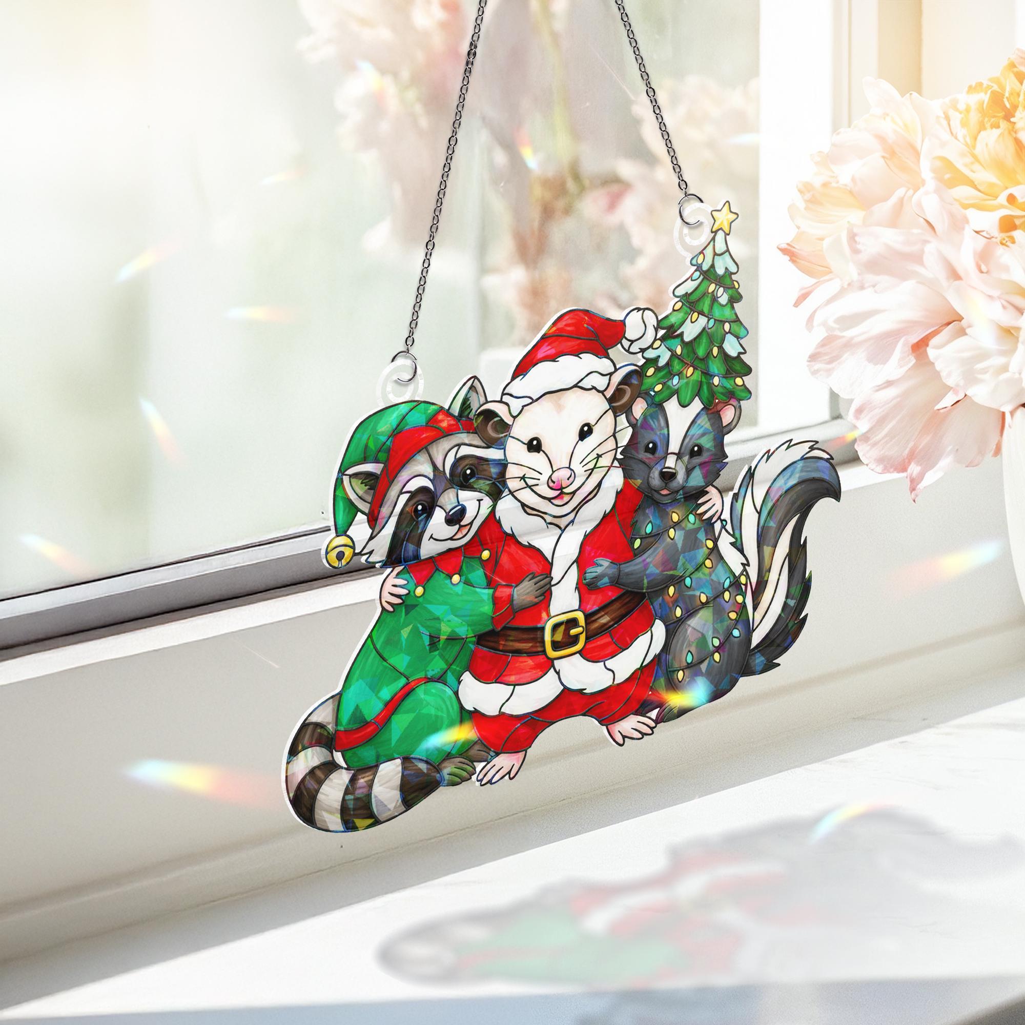Woodland Animal Window Hanging – Christmas Raccoon Possum Skunk Hologram Decor