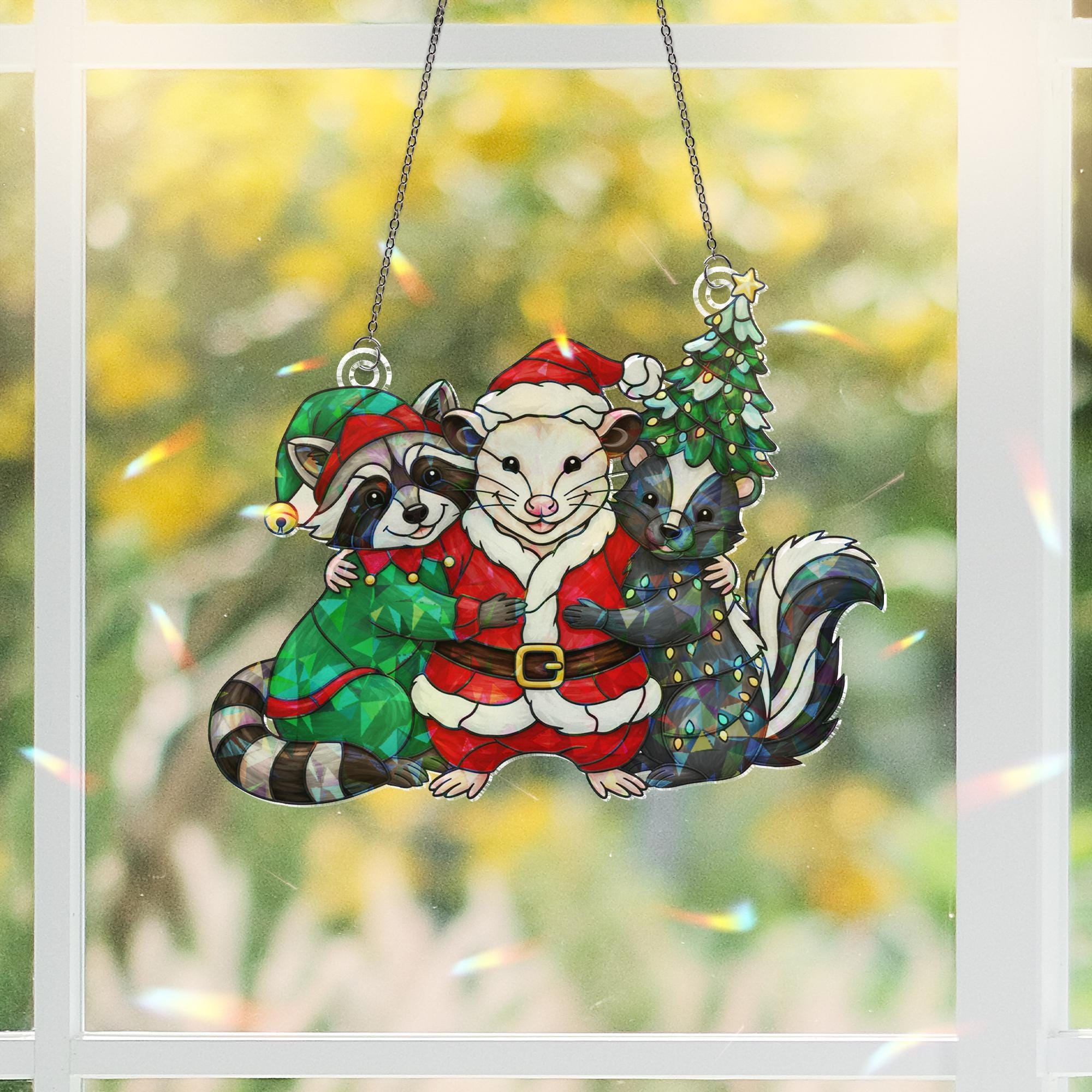 Woodland Animal Window Hanging – Christmas Raccoon Possum Skunk Hologram Decor