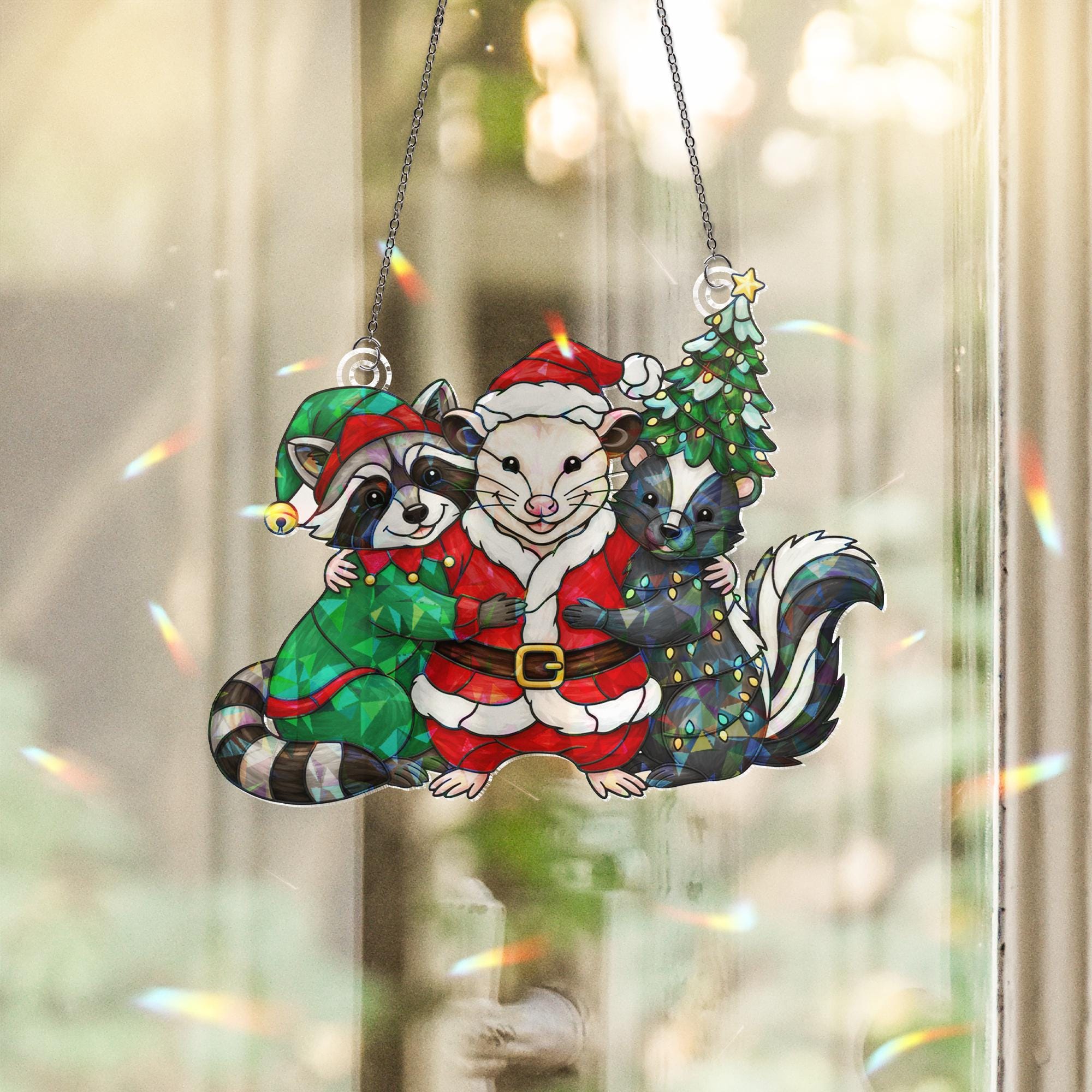 Woodland Animal Window Hanging – Christmas Raccoon Possum Skunk Hologram Decor